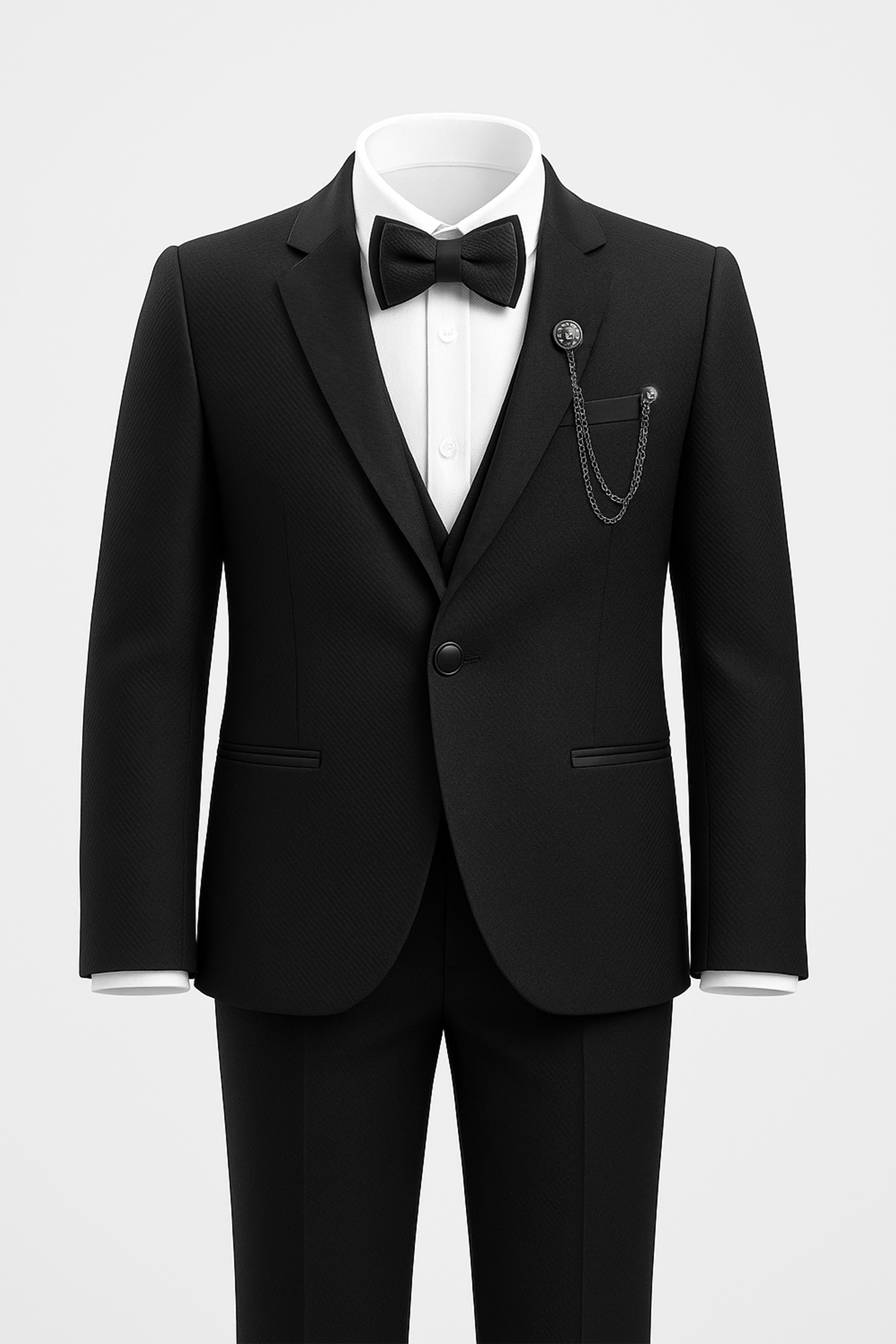 Boys 6-Piece Black Tuxedo Dinner Suit with Double-Breasted Waistcoat - Black