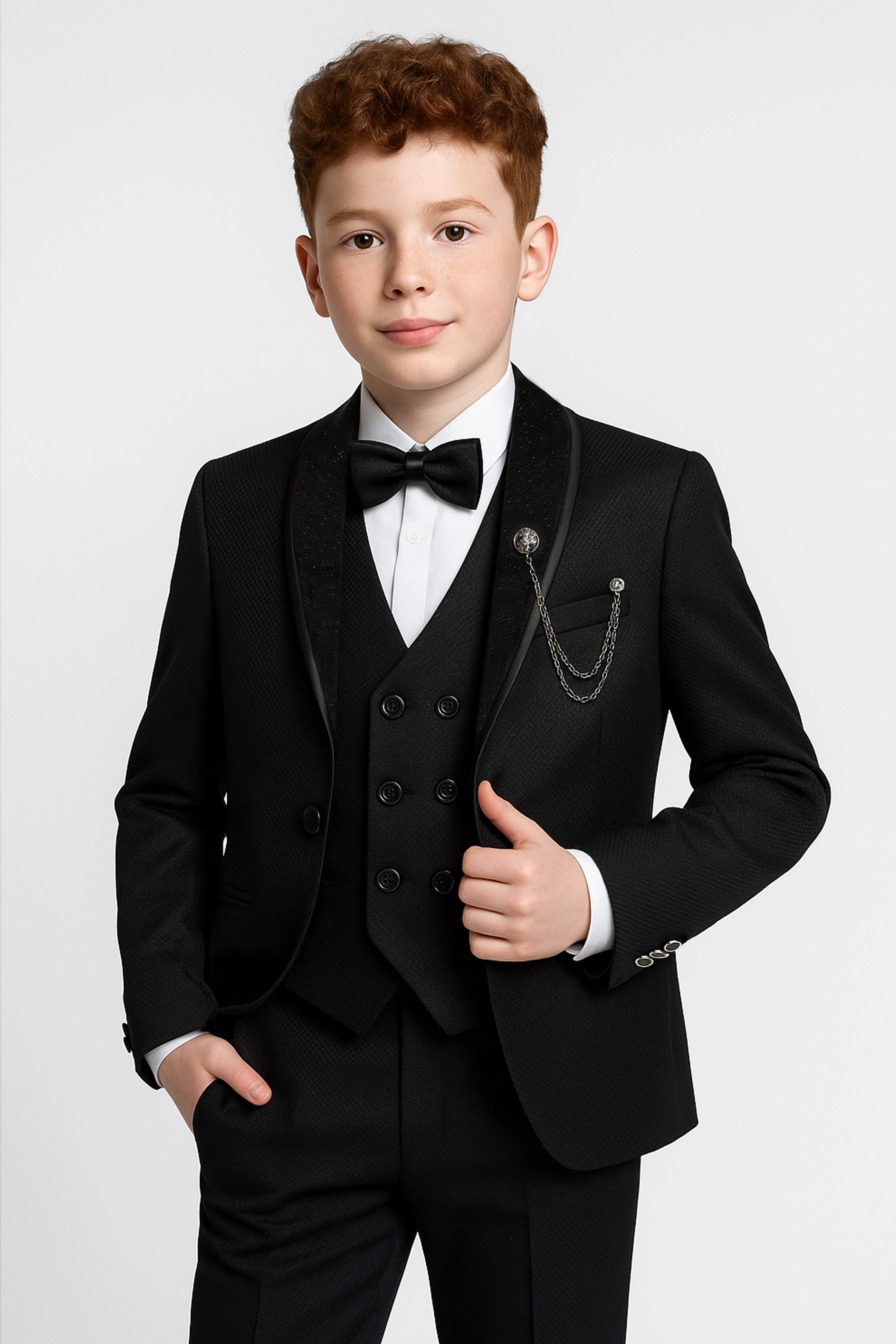 Boys 6-Piece Black Tuxedo Dinner Suit with Double-Breasted Waistcoat - Black