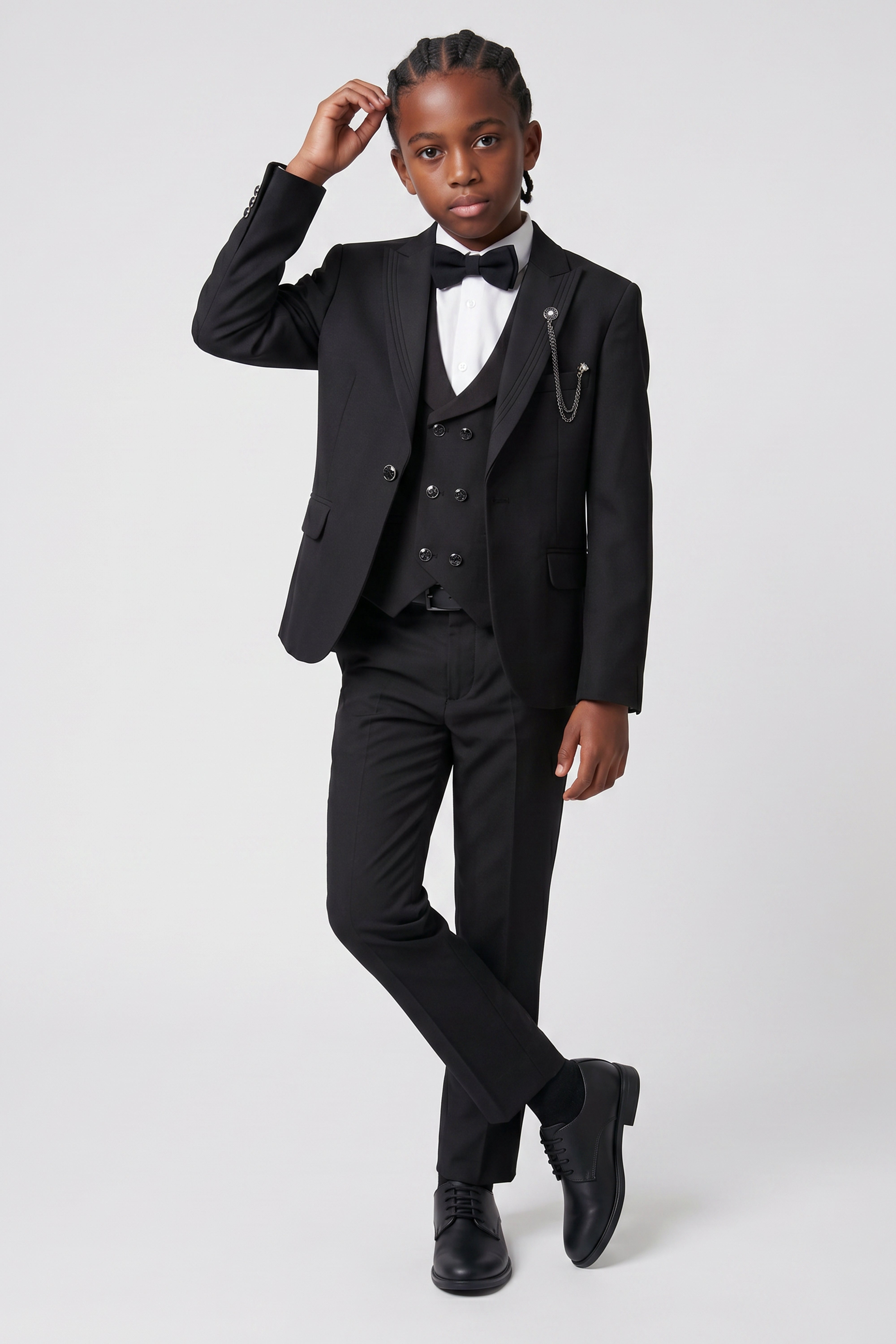 Boys 6-Piece Tuxedo Dinner Suit with Double Breasted Waistcoat - DAMATLIK W - Black