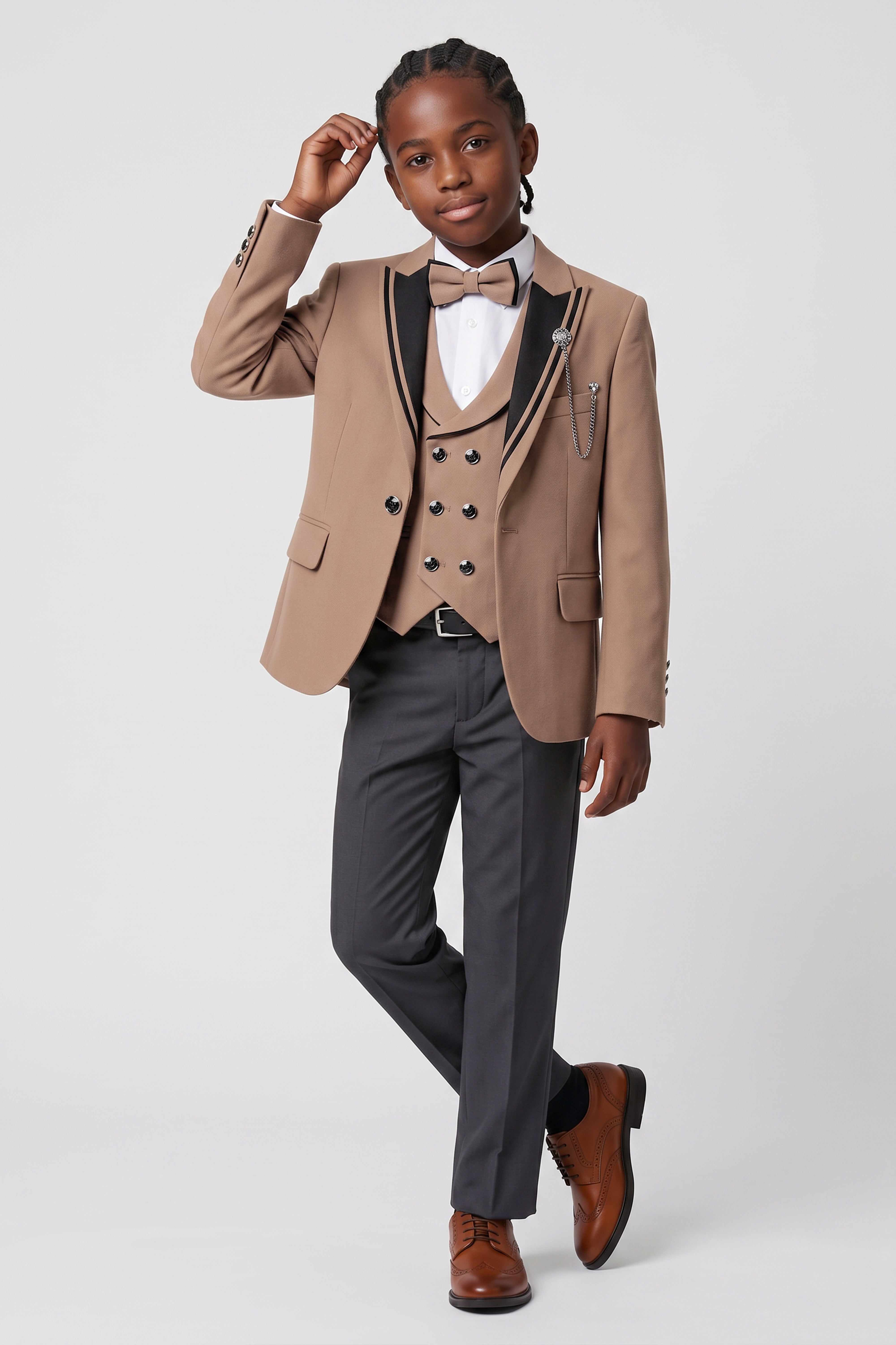 Boys 6-Piece Tuxedo Dinner Suit with Double Breasted Waistcoat - DAMATLIK W - Camel Brown