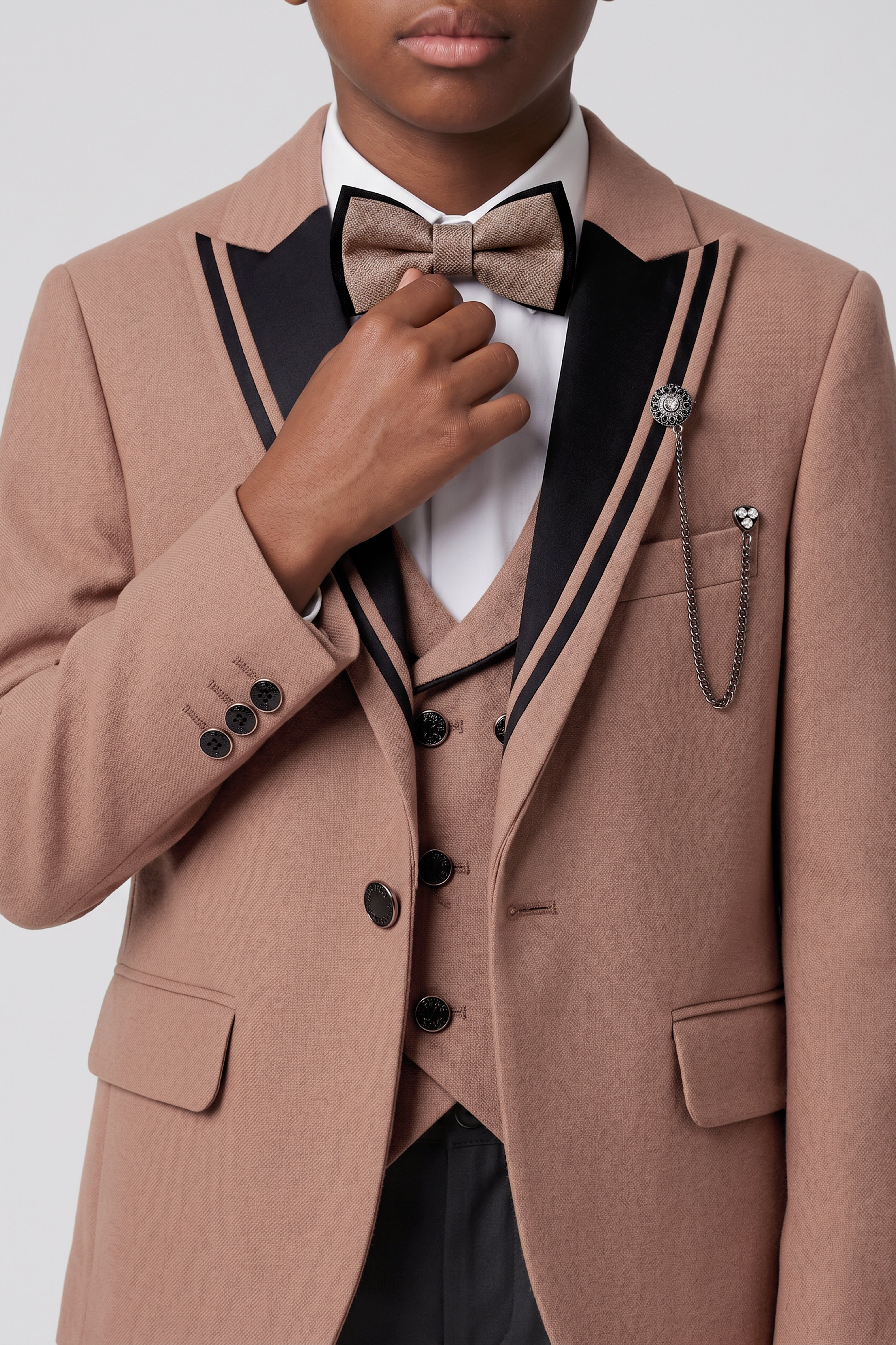 Boys 6-Piece Tuxedo Dinner Suit with Double Breasted Waistcoat - DAMATLIK W - Camel Brown