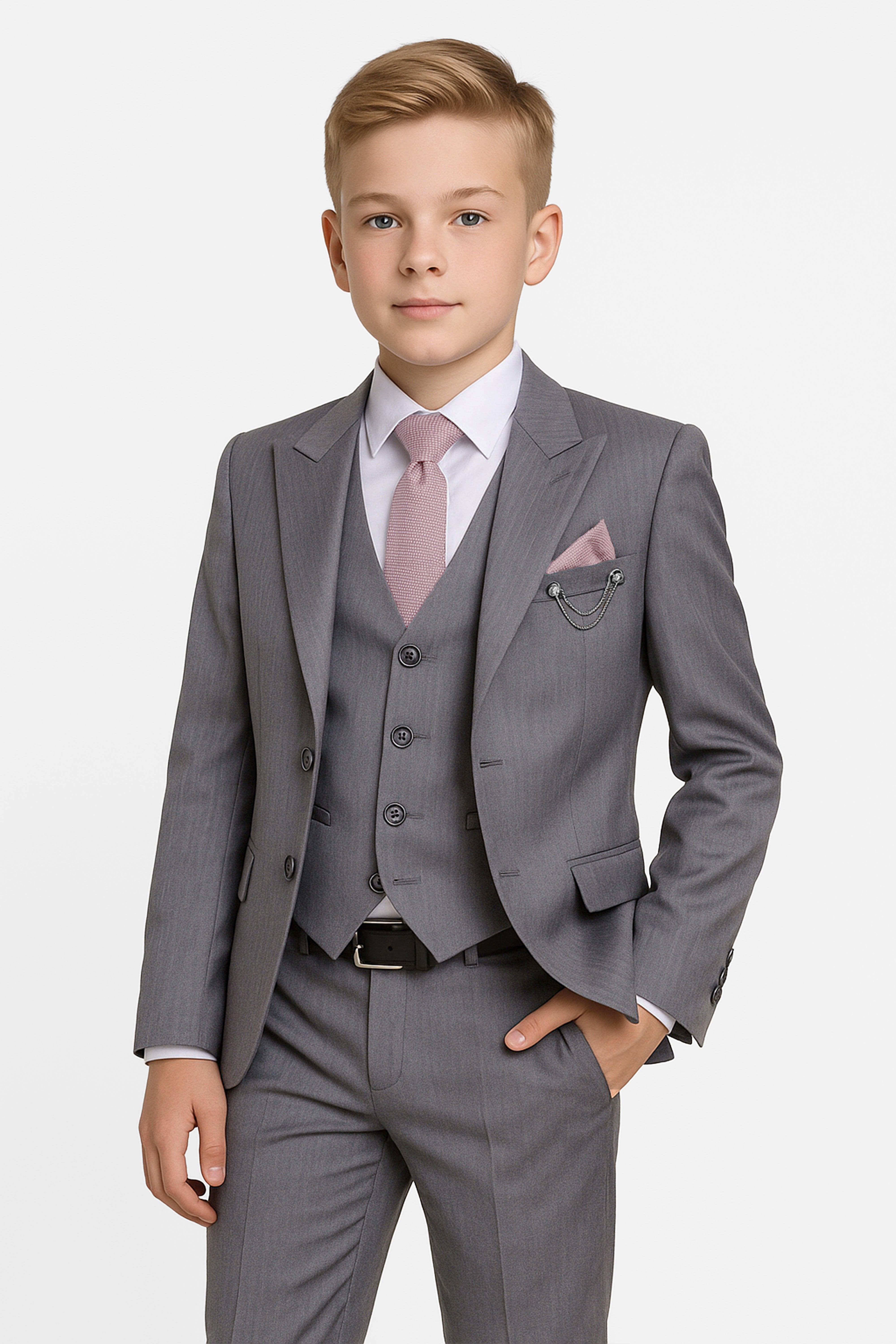 Boys 7-Piece Slim Fit Twill Suit - GREY Model Picture