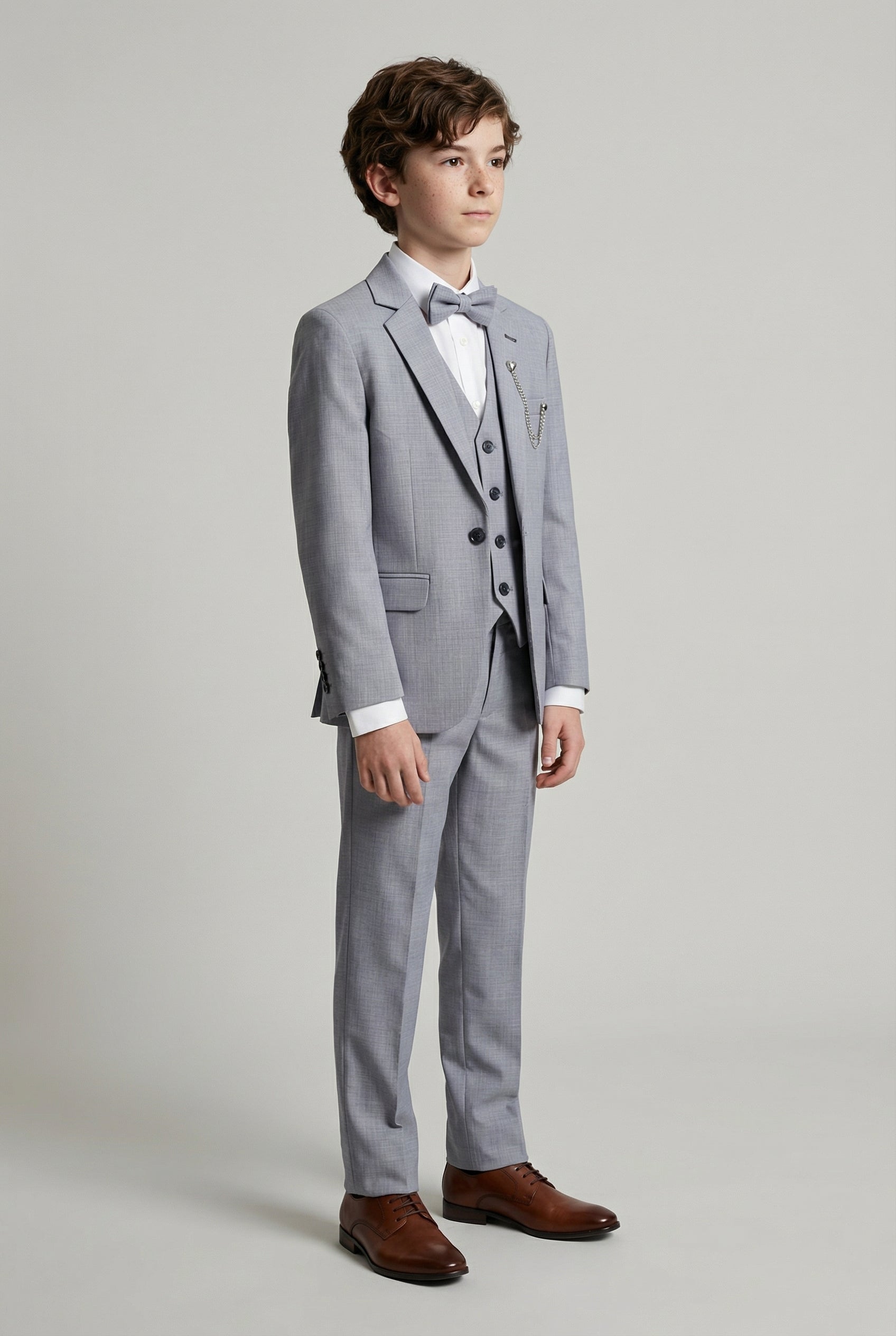 Boys 8-Piece Microcheck Formal Suit - Grey Side Picture