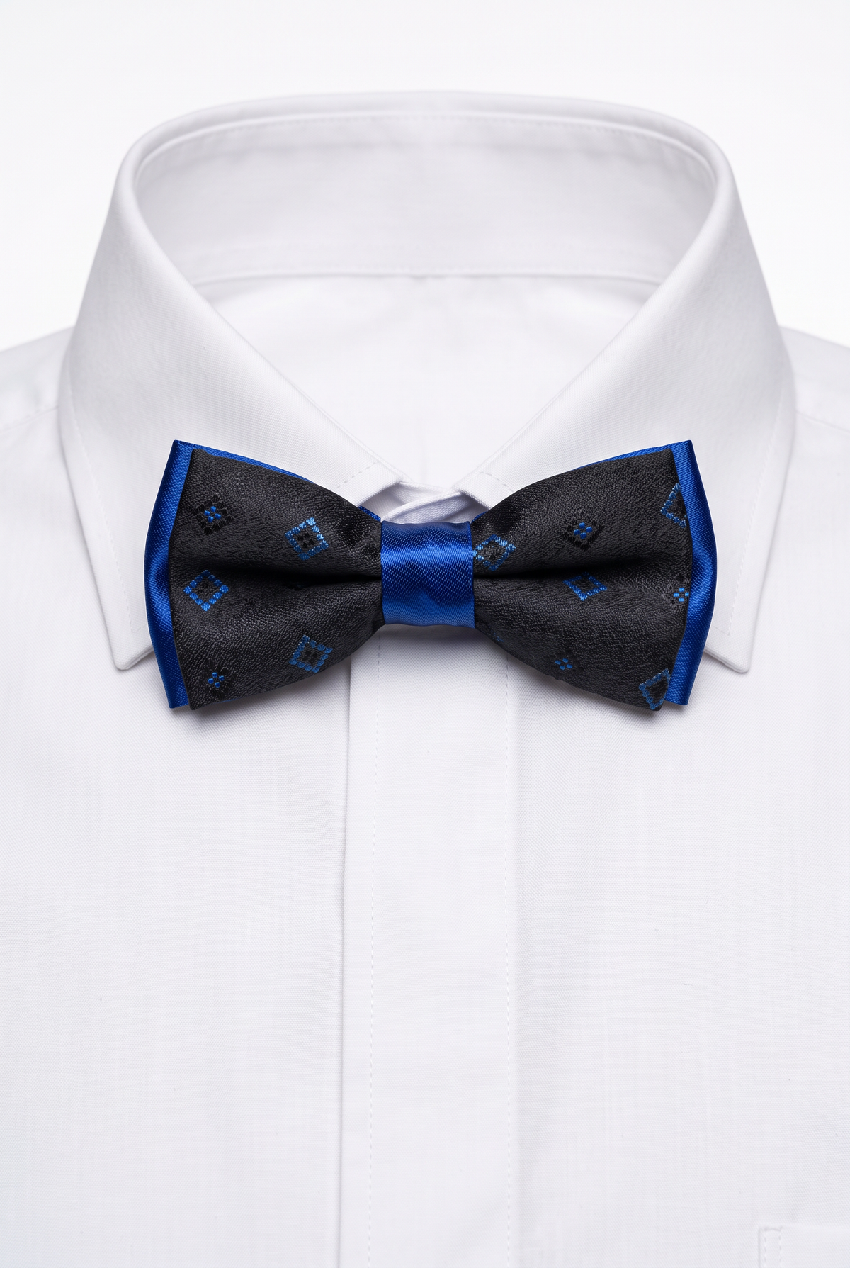 Boys Adjustable Patterned Bow Tie - BWMX - Black and Blue with a white shirt