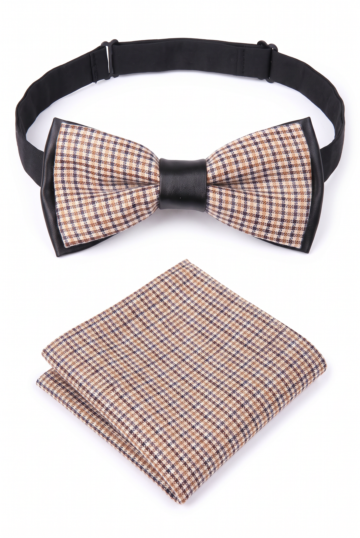 Boys adjustable checkered bow tie with matching folded pocket square in black and orange