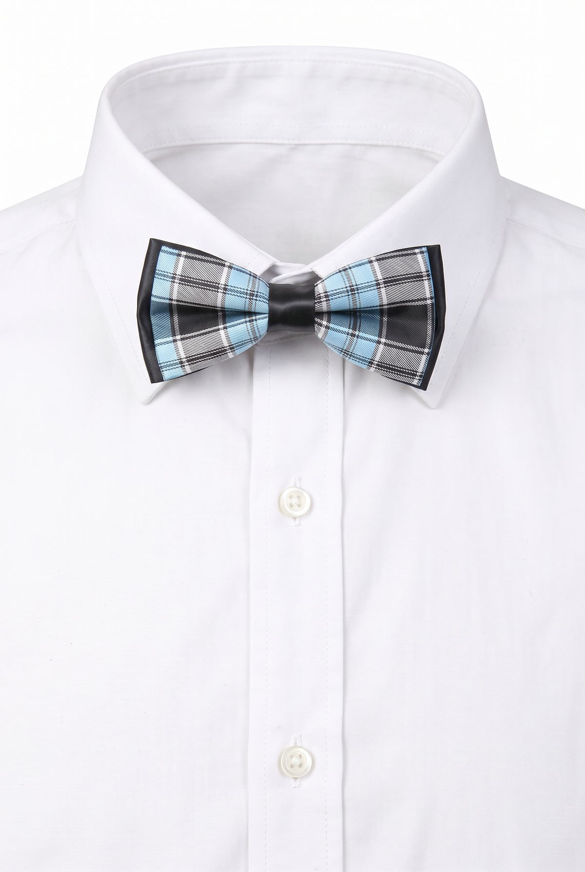 Boys checkered pre-tied bow tie worn with a white formal shirt in blue and black