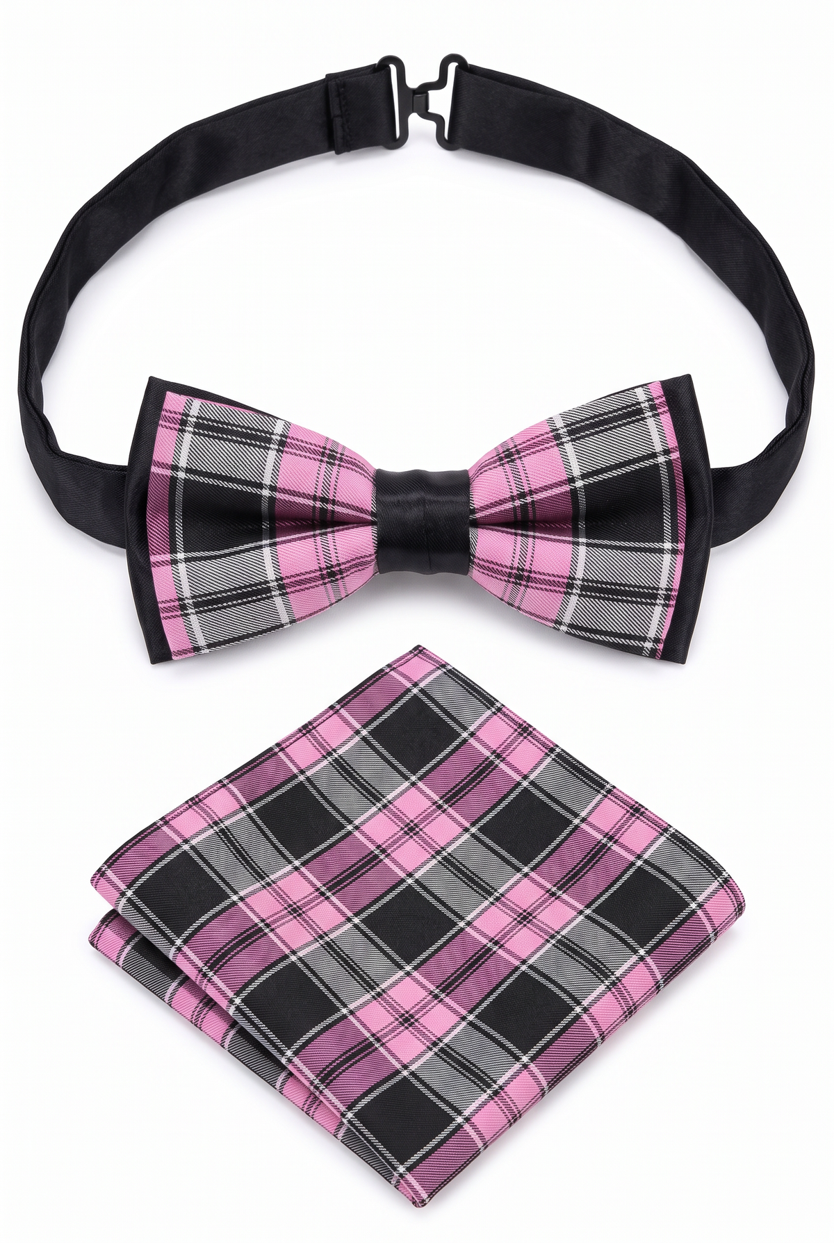 Boys adjustable checkered bow tie with matching folded pocket square in pink and grey