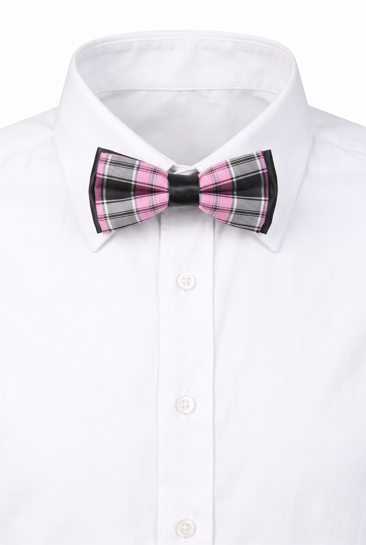 Boys checkered pre-tied bow tie worn with a white formal shirt in pink and grey