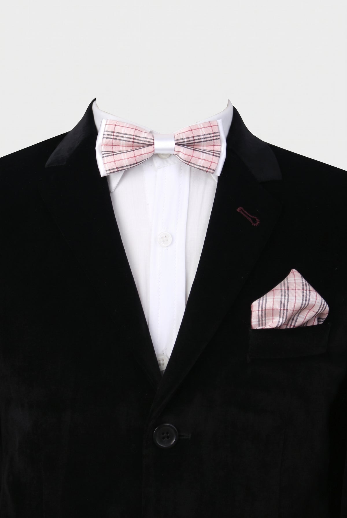   Boys checkered bow tie and matching pocket square styled with a formal suit in pink and red