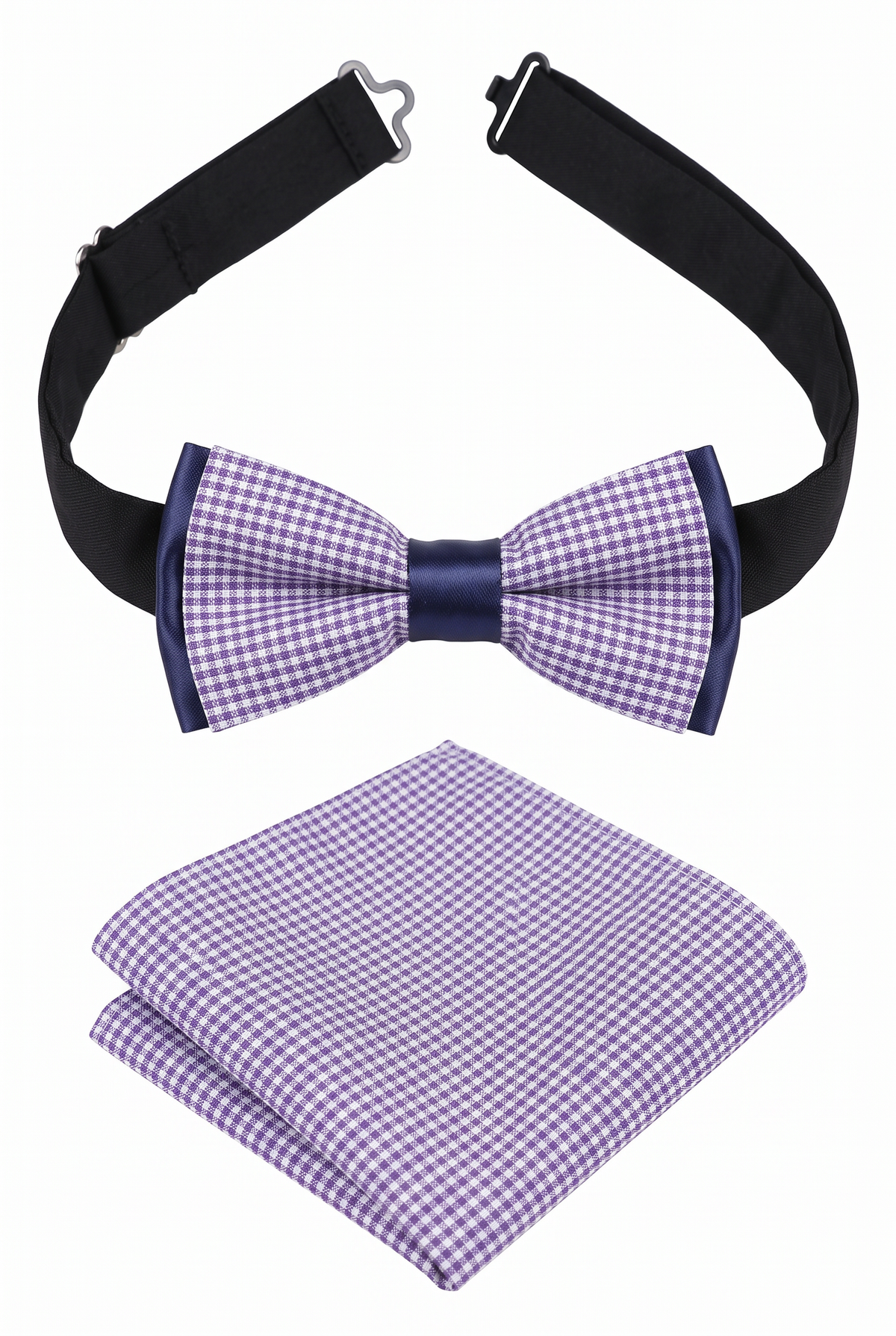 Boys adjustable checkered bow tie with matching folded pocket square in violet and white