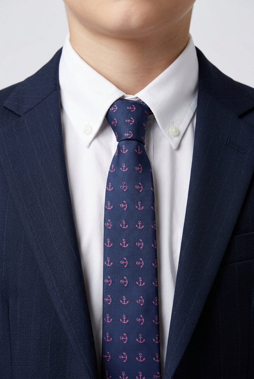 Boys Anchor Patterned Slim Tie - Navy & Purple