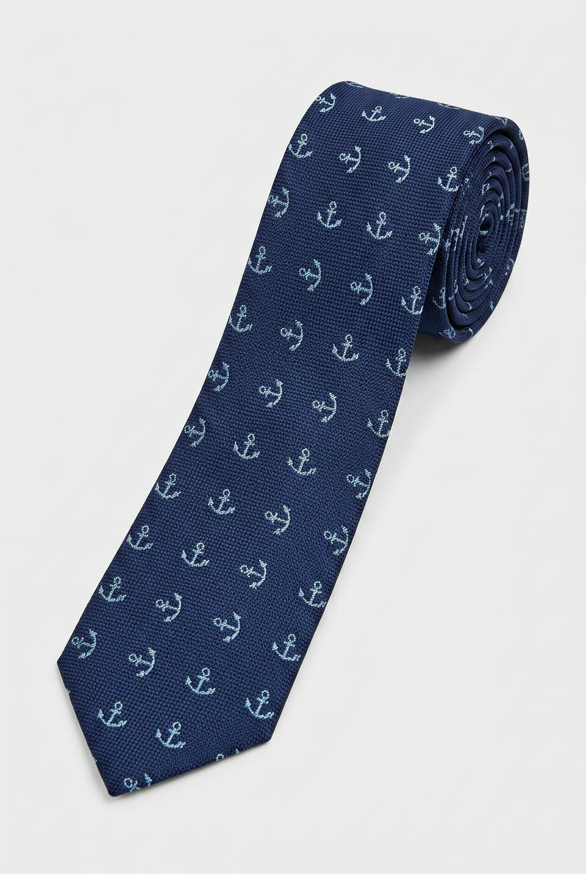 Boys Anchor Patterned Slim Tie - Navy & Sky