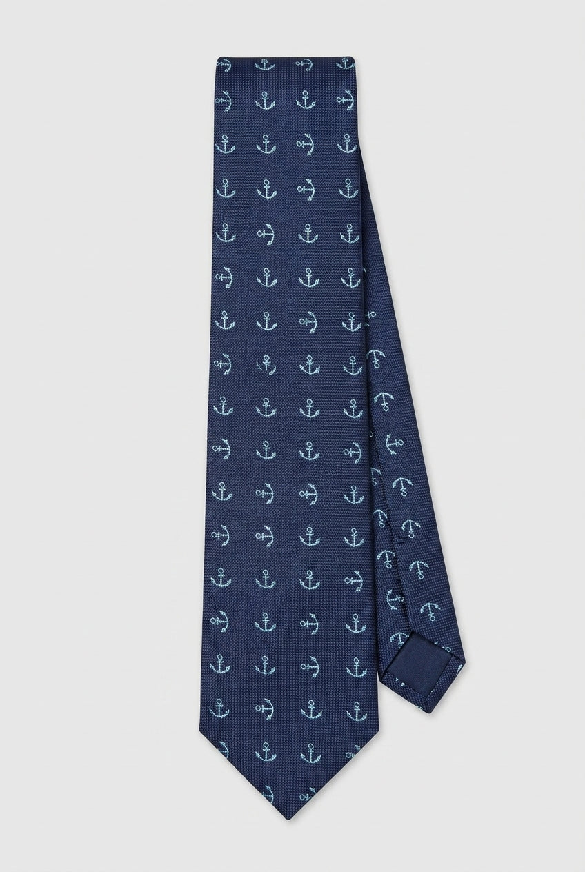 Boys Anchor Patterned Slim Tie - Navy & Sky