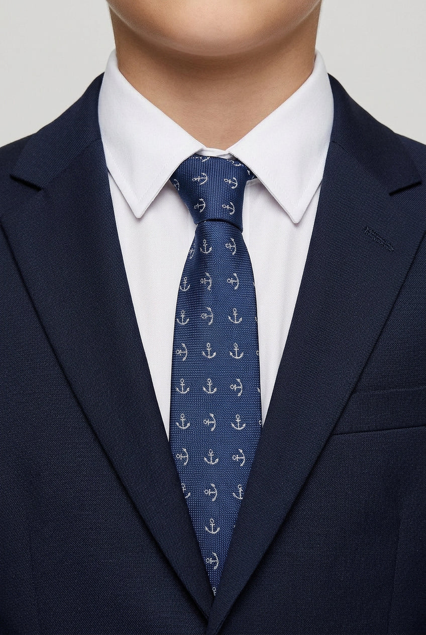 Boys Anchor Patterned Slim Tie - Navy & White
