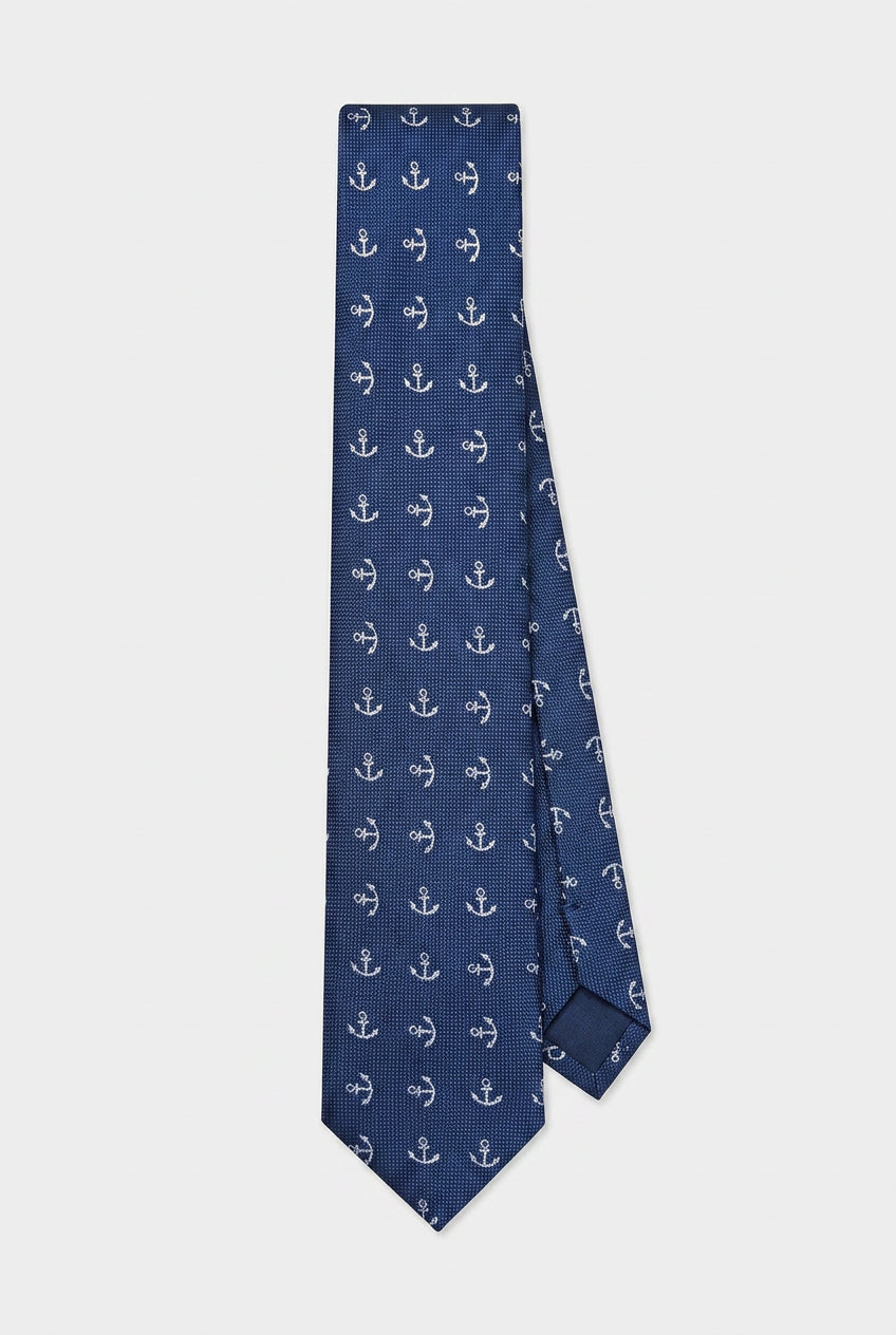 Boys Anchor Patterned Slim Tie - Navy & White