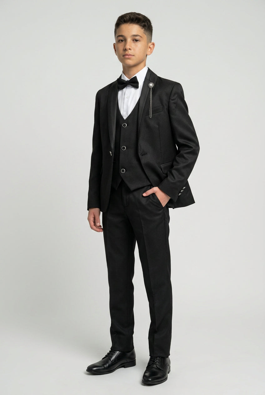 Boys Black 6-Piece Textured Tuxedo Suit - BIYELI