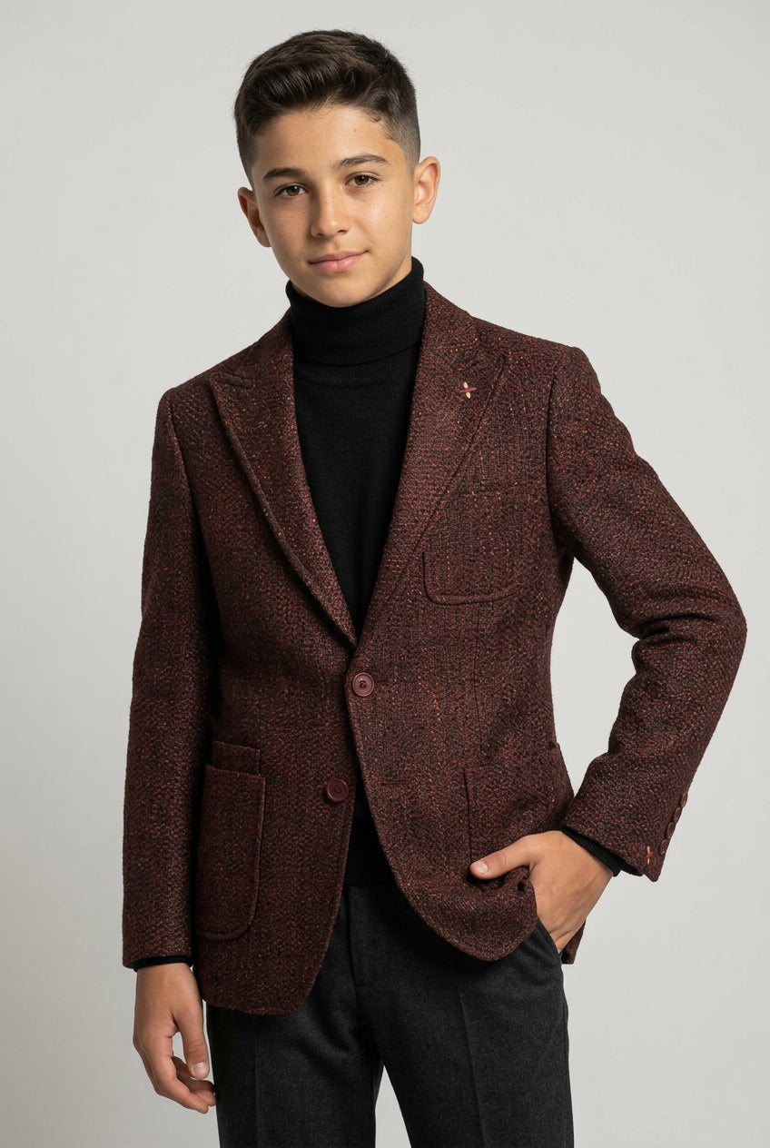 Boys Burgundy Brown Textured Tweed Blazer