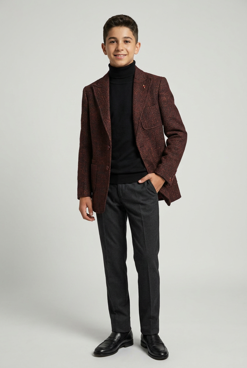 Boys Burgundy Brown Textured Tweed Blazer