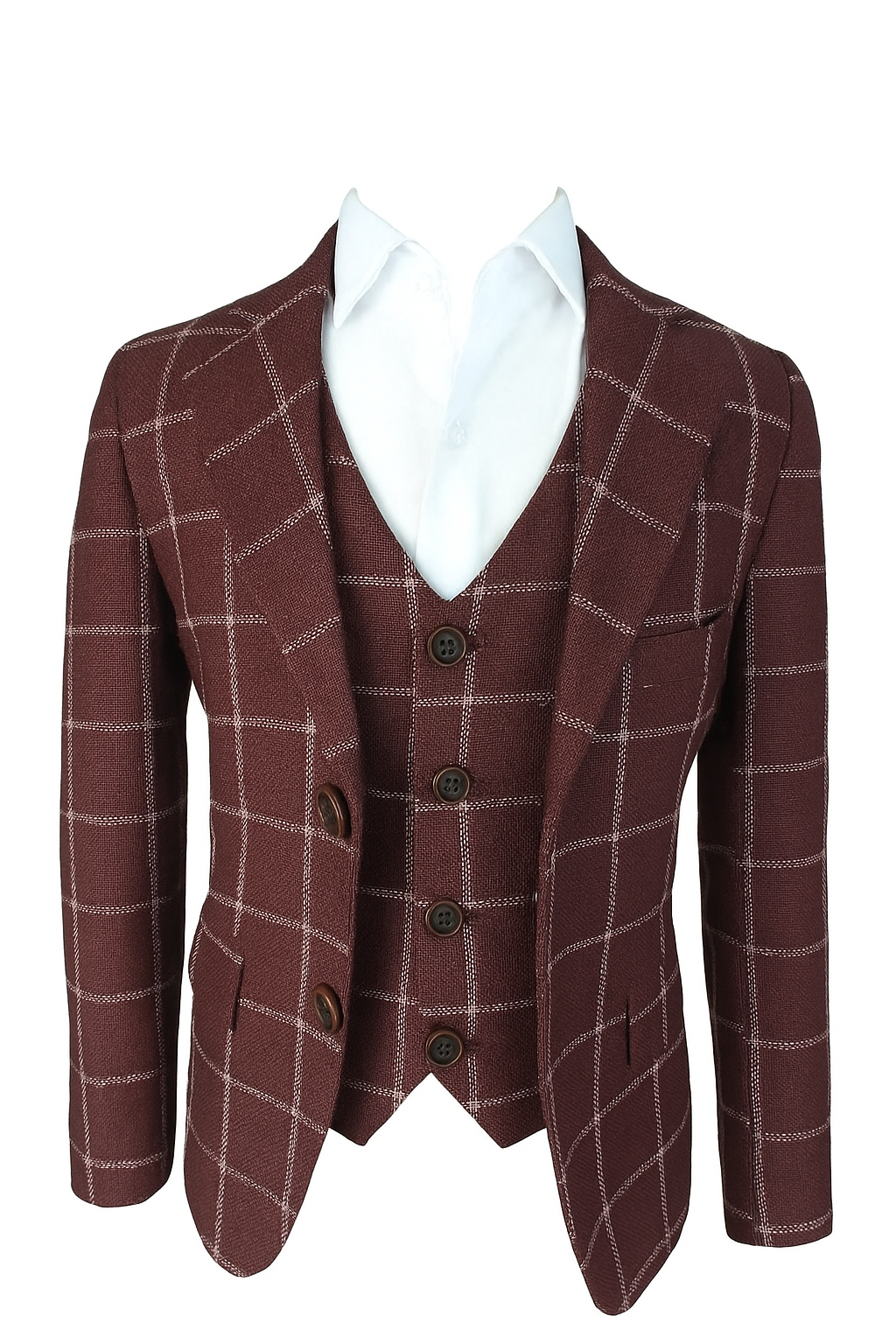 Boys Burgundy Checkered Blazer & Vest Set – Formal 2-Piece Suit