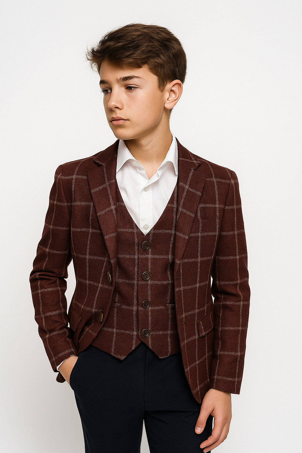 Boys Burgundy Checkered Blazer & Vest Set – Formal 2-Piece Suit