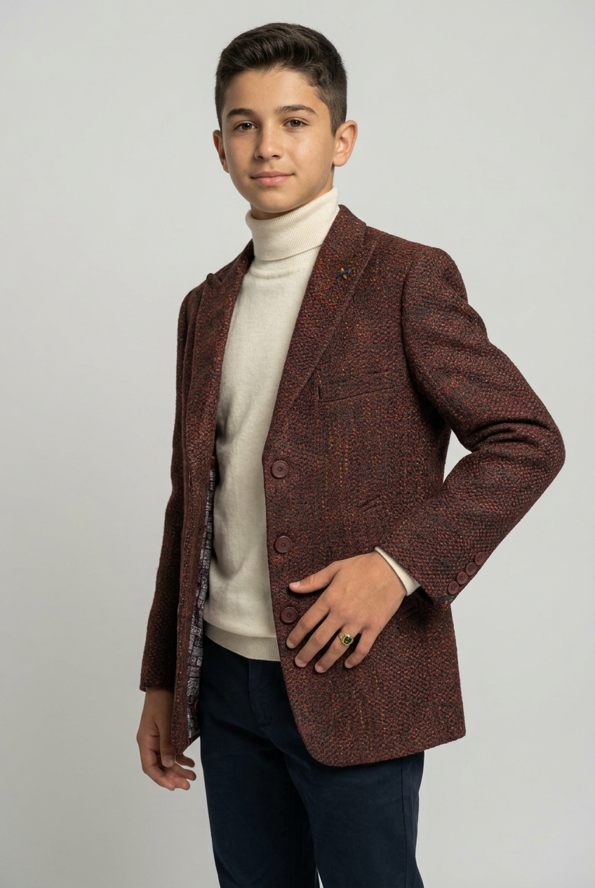 Boys Burgundy Textured Tweed Blazer