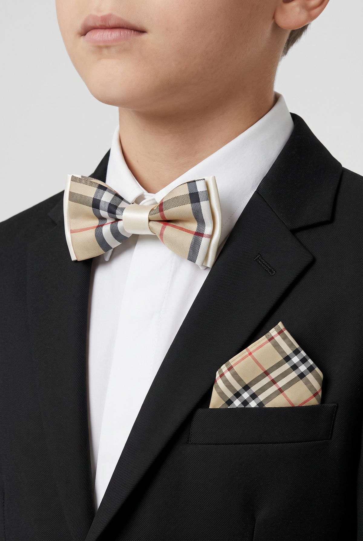 Boys Check Bow Tie Burberry Style with Strap - Beige - White