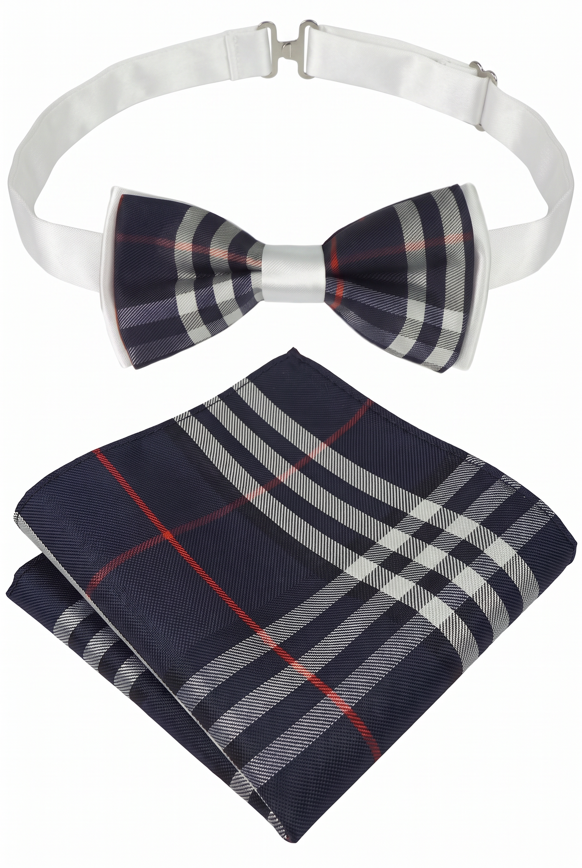Boys Check Bow Tie Burberry Style with Strap - Navy Blue - White