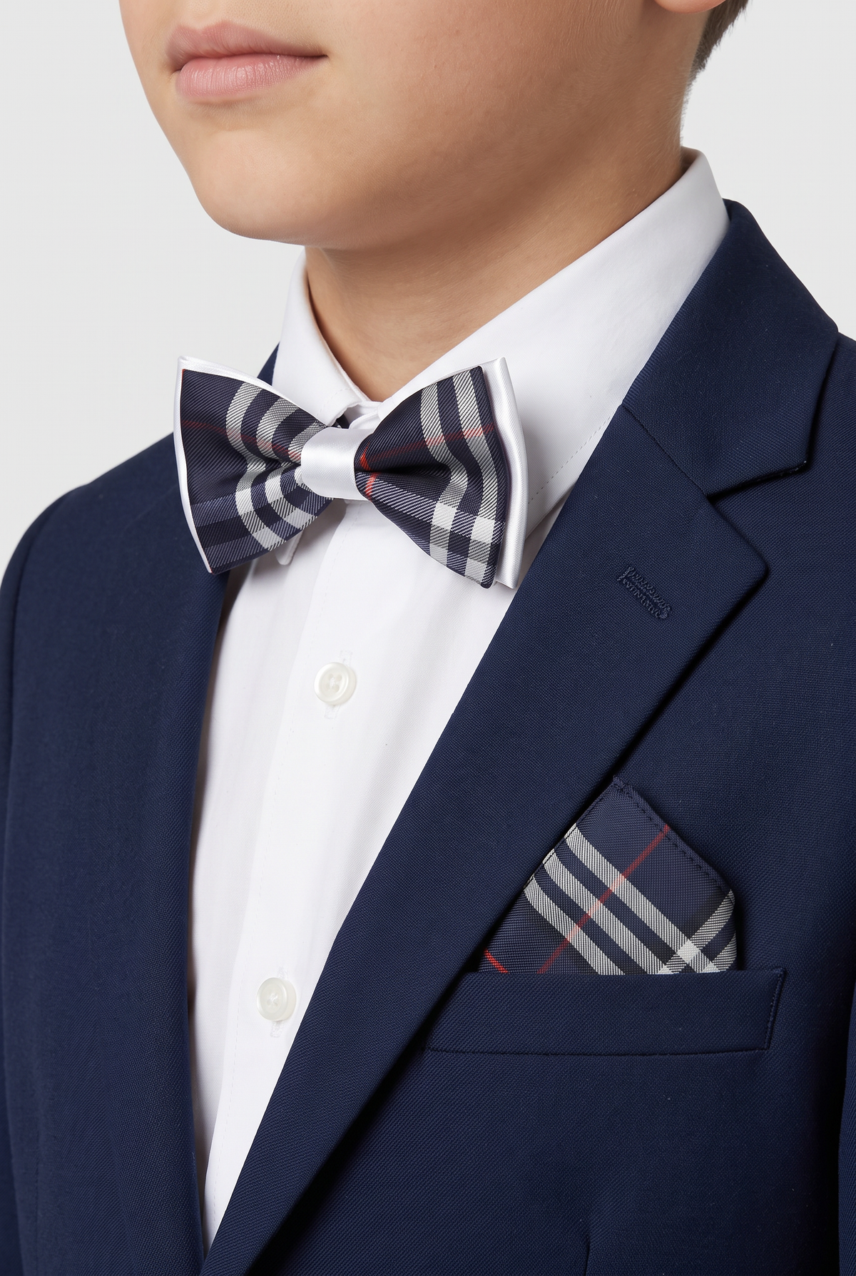 Boys Check Bow Tie Burberry Style with Strap - Navy Blue - White