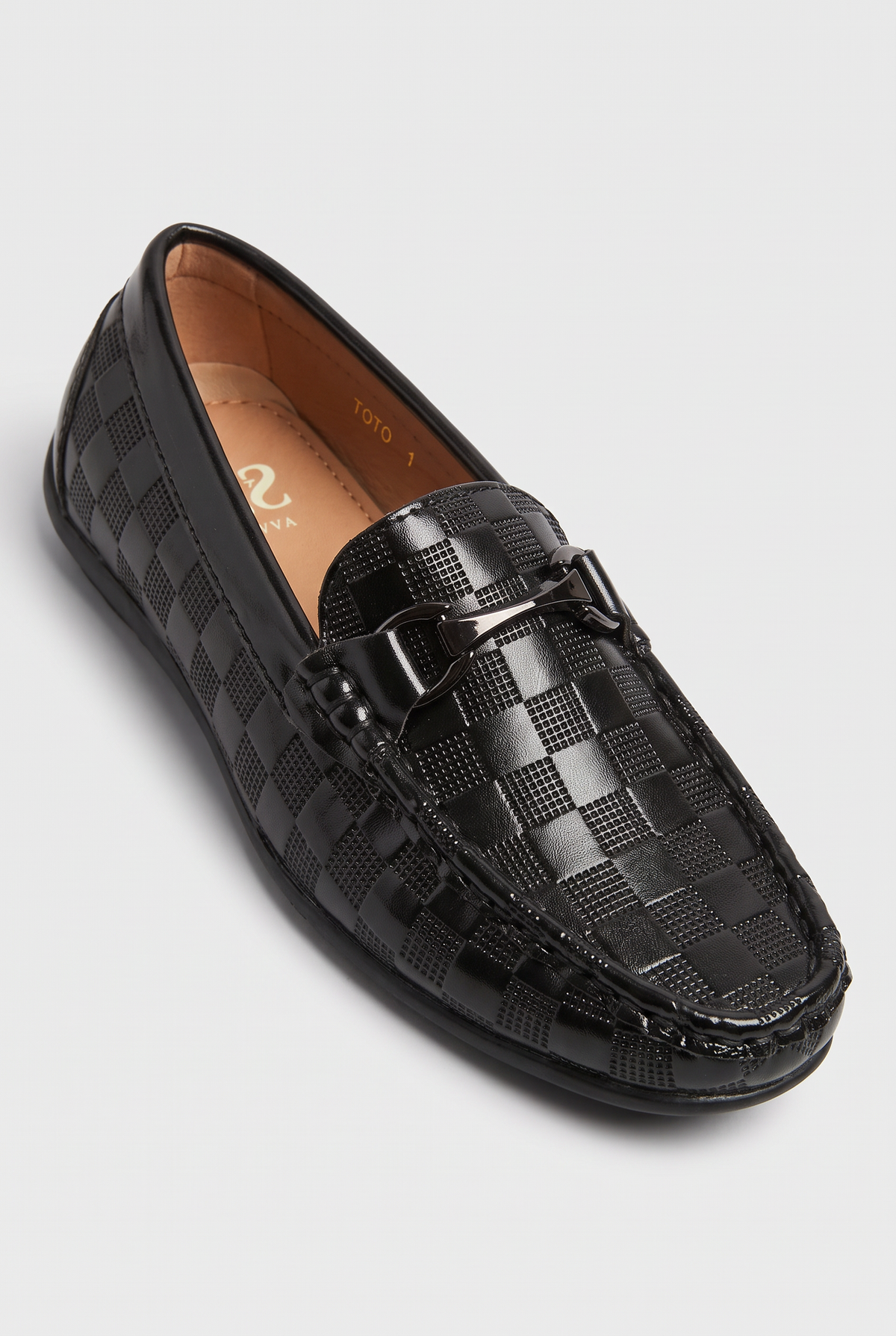 Boys Check Pattern Slip-On Loafer Shoes - Sevva Toto Black Side Picture