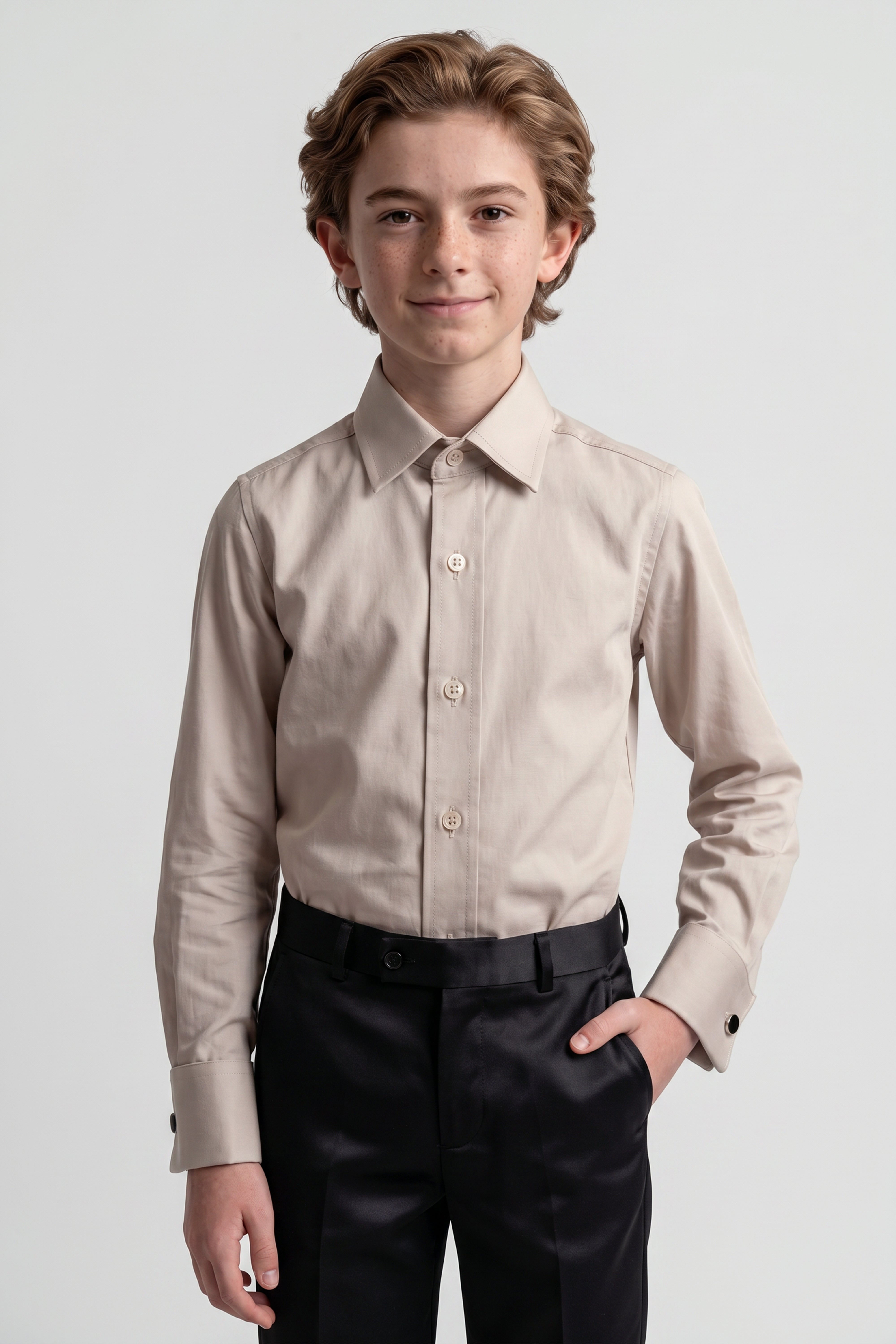 Boys Classic Collar Dress Shirt with Cufflinks -  Beige Model Front Picture