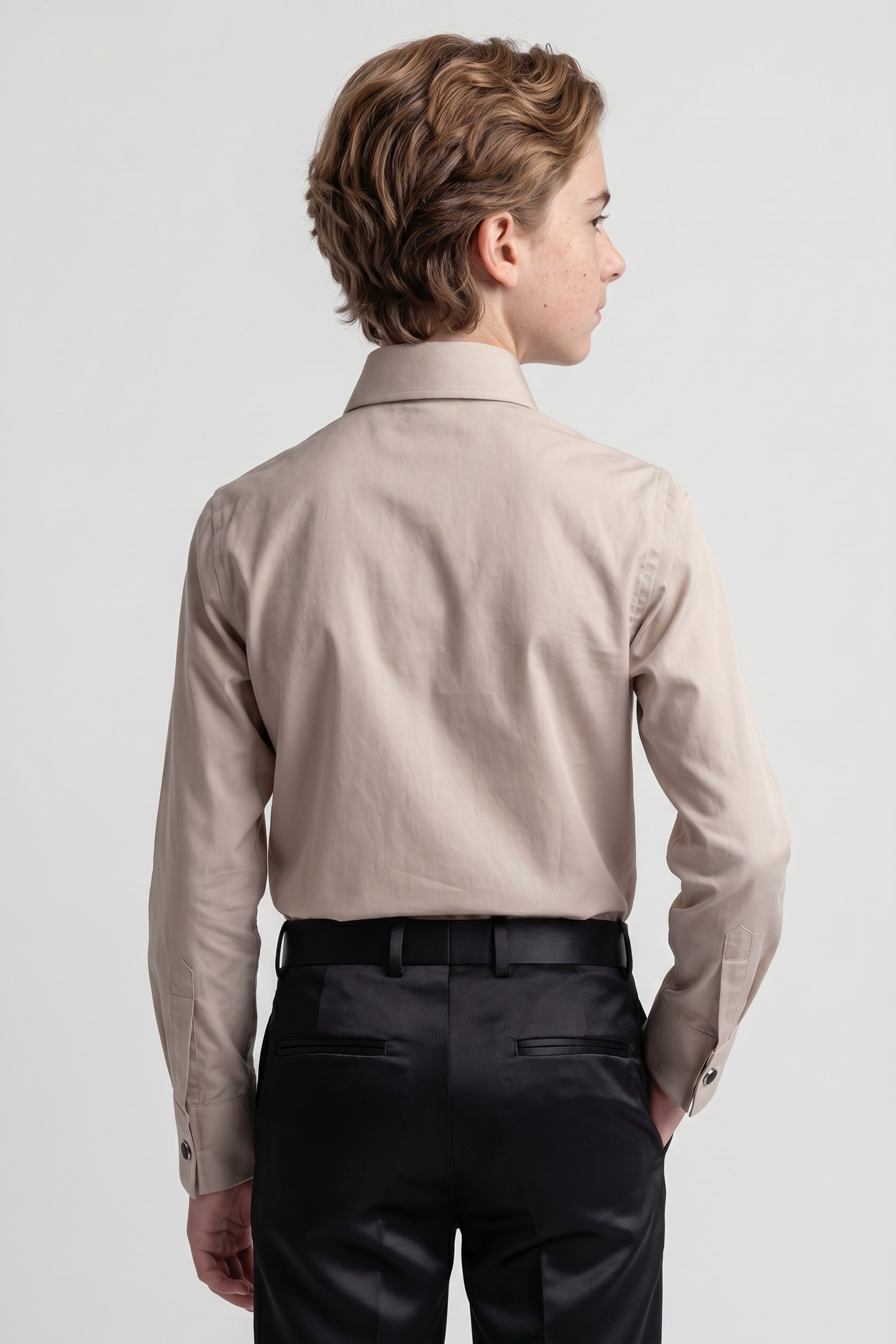 Boys Classic Collar Dress Shirt with Cufflinks -  Beige Model Back Picture