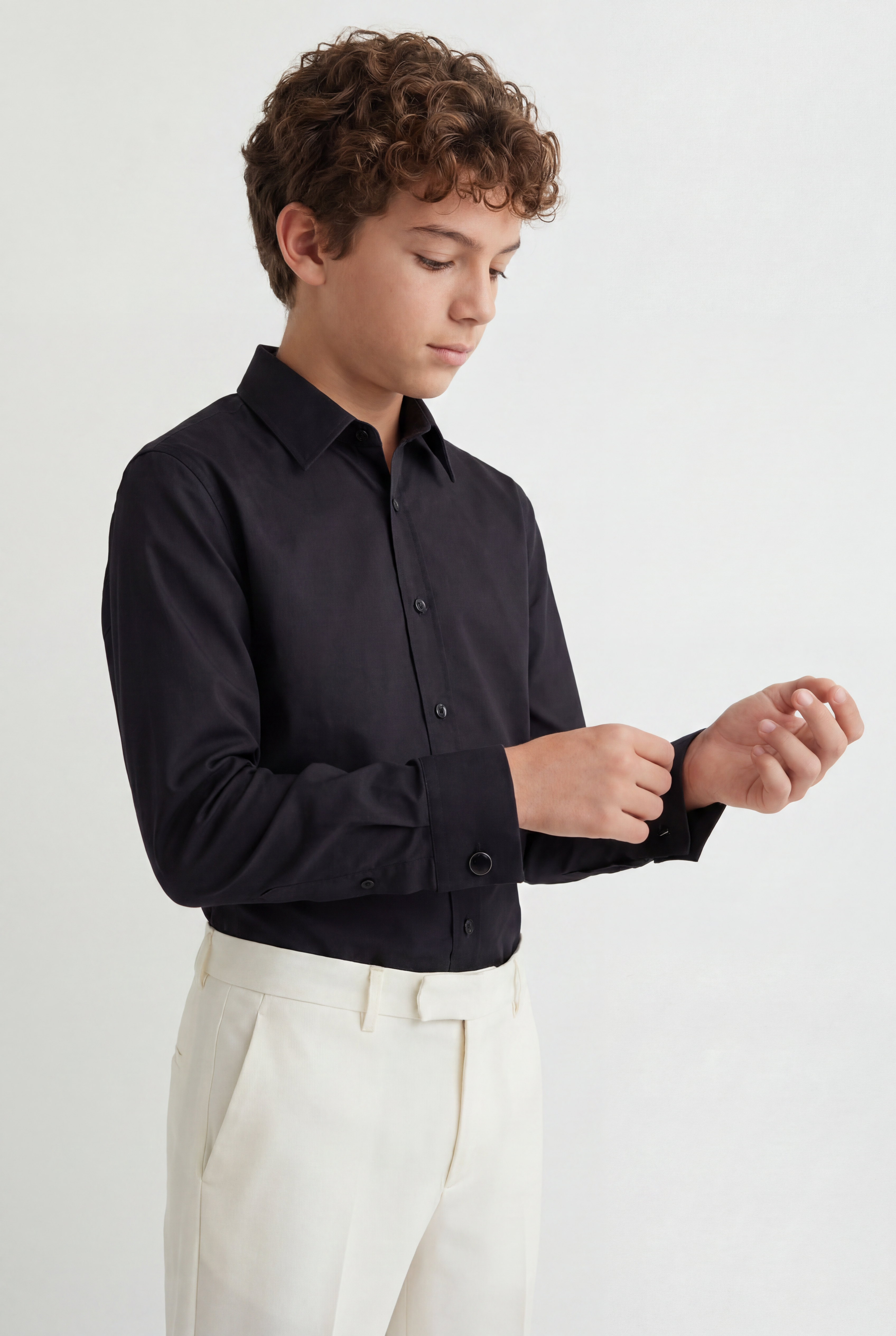 Boys Classic Collar Dress Shirt with Cufflinks -  Black