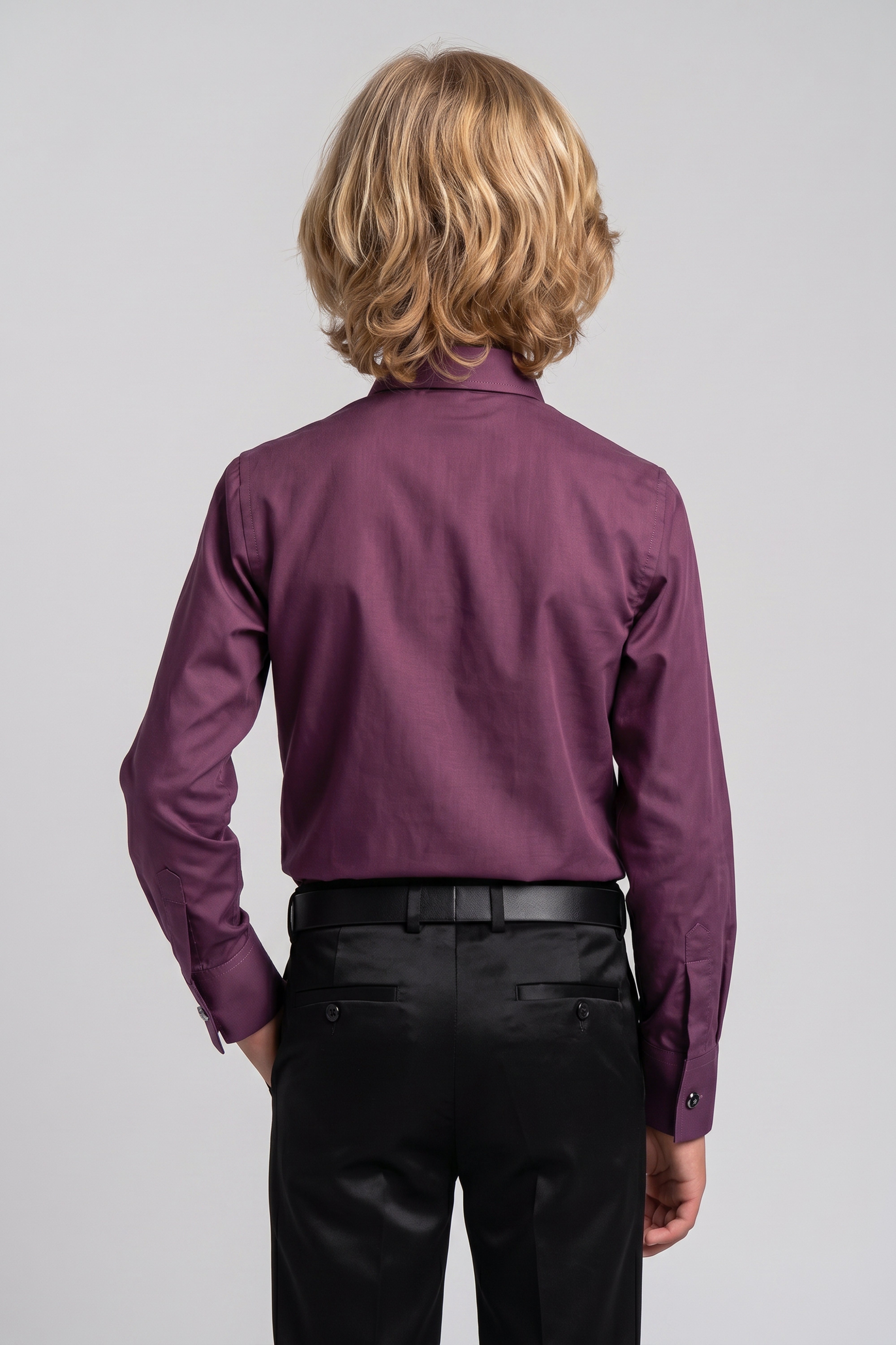 Boys Classic Collar Dress Shirt with Cufflinks -  Burgundy Model Back Picture