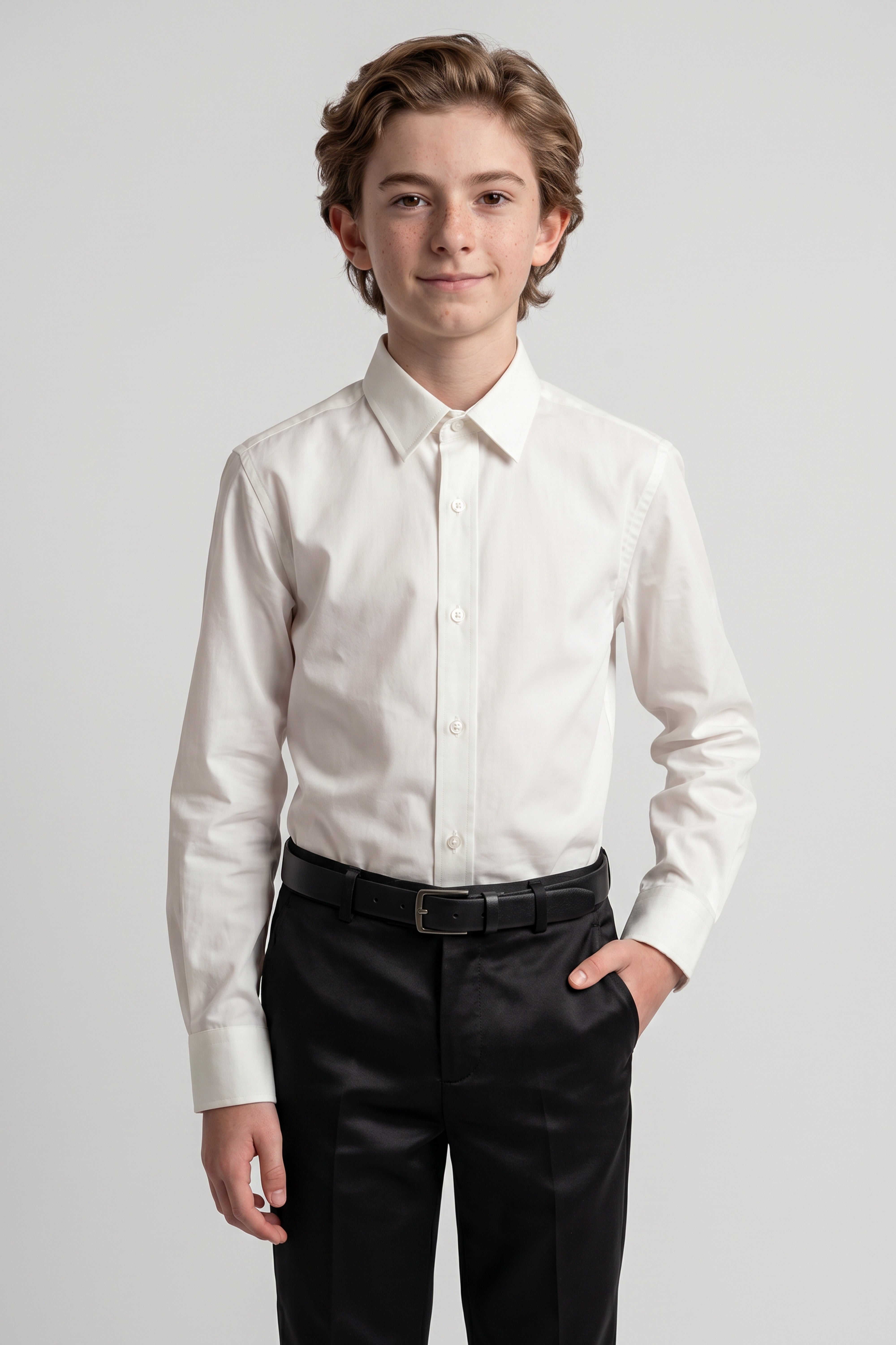 Boys Classic Collar Dress Shirt with Cufflinks -  Ivory Model Front Picture