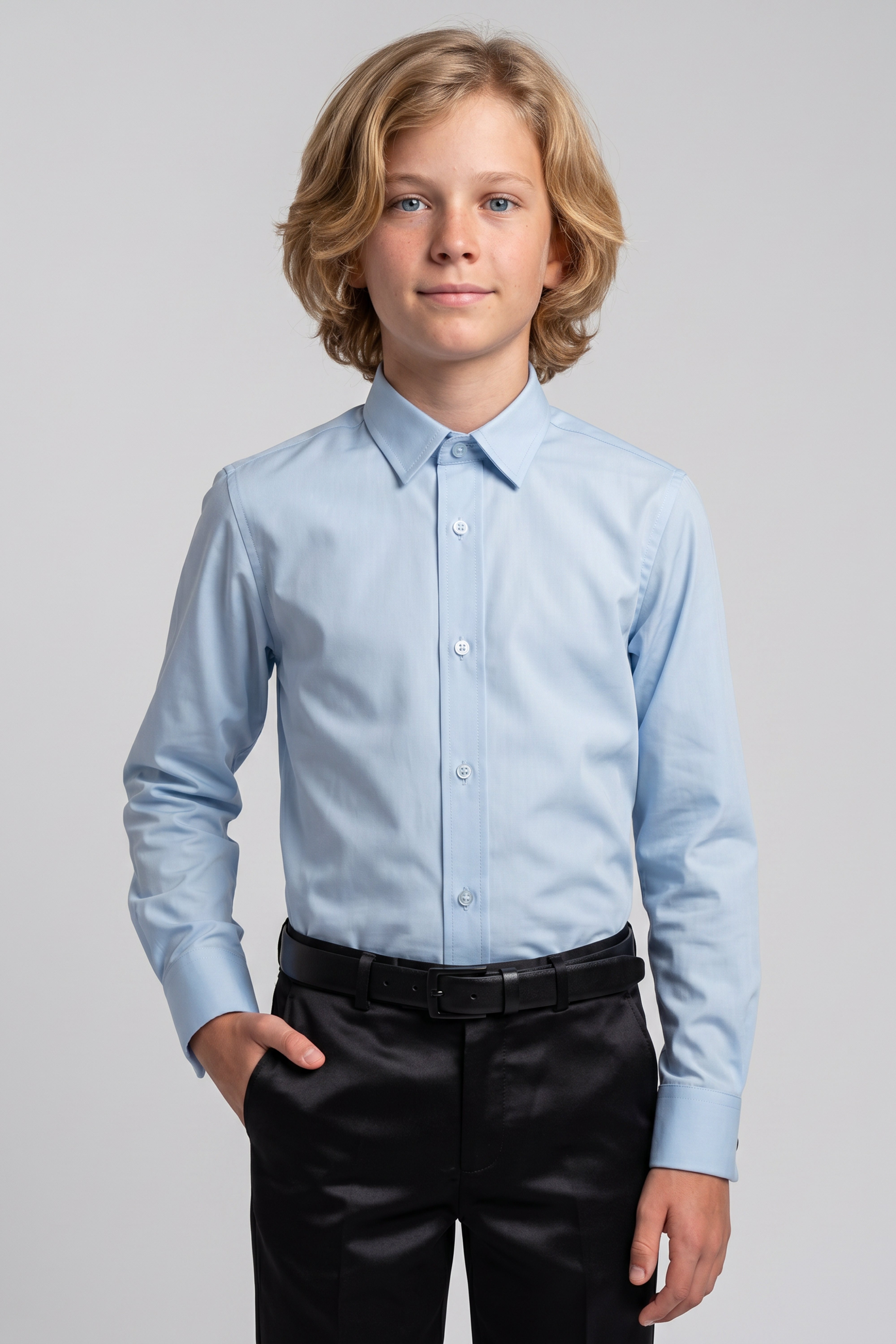 Boys Classic Collar Dress Shirt with Cufflinks -  Oxford Blue Model Front Picture