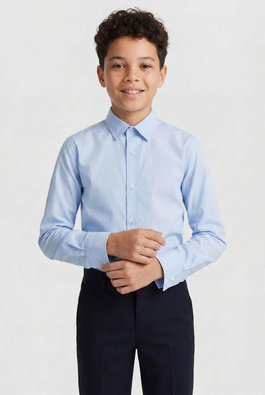 Boys Classic Collar Dress Shirt with Cufflinks -  Oxford Blue