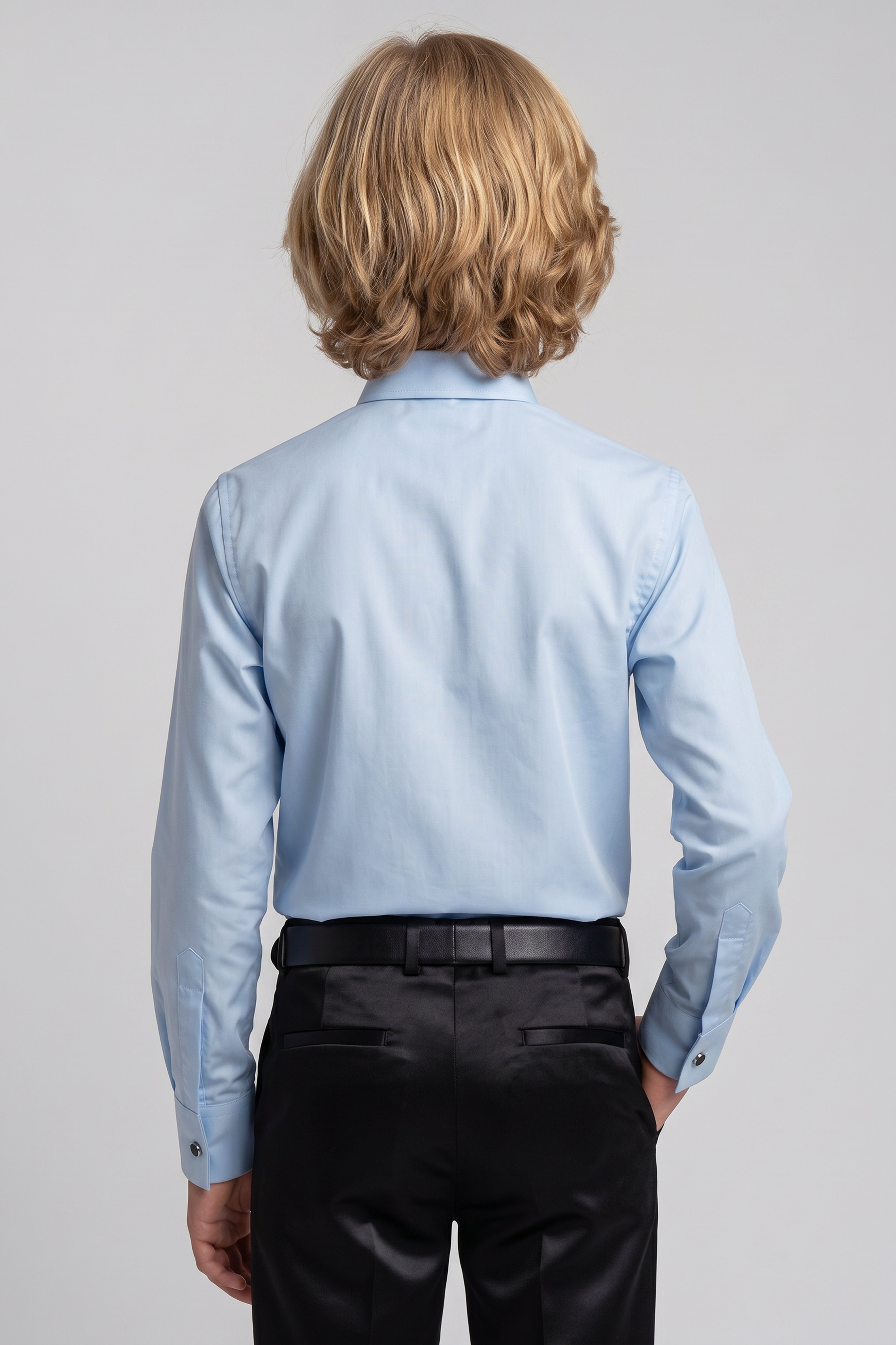 Boys Classic Collar Dress Shirt with Cufflinks -  Oxford Blue Model Back Picture 