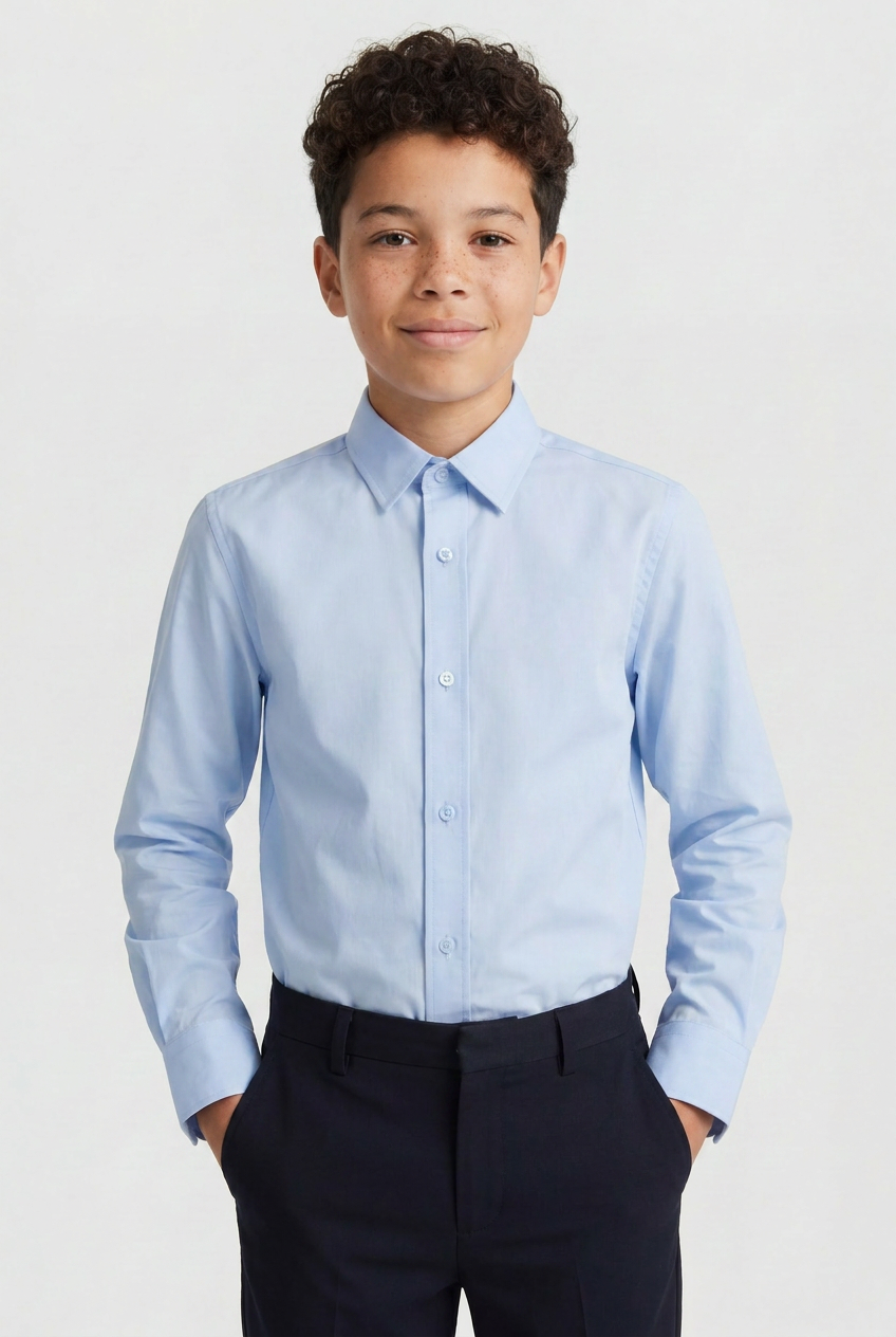 Boys Classic Collar Dress Shirt with Cufflinks -  Oxford Blue