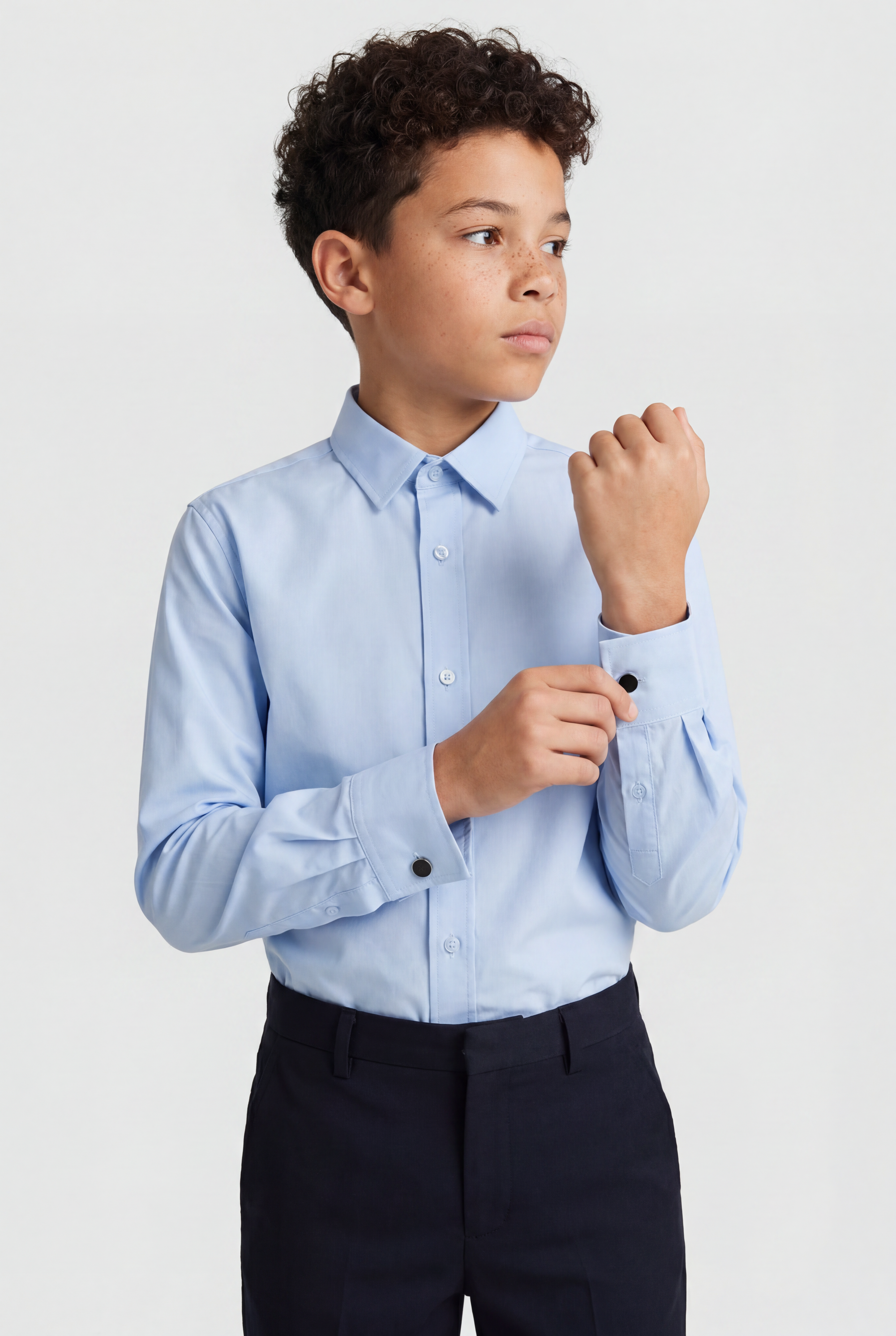 Boys Classic Collar Dress Shirt with Cufflinks -  Oxford Blue