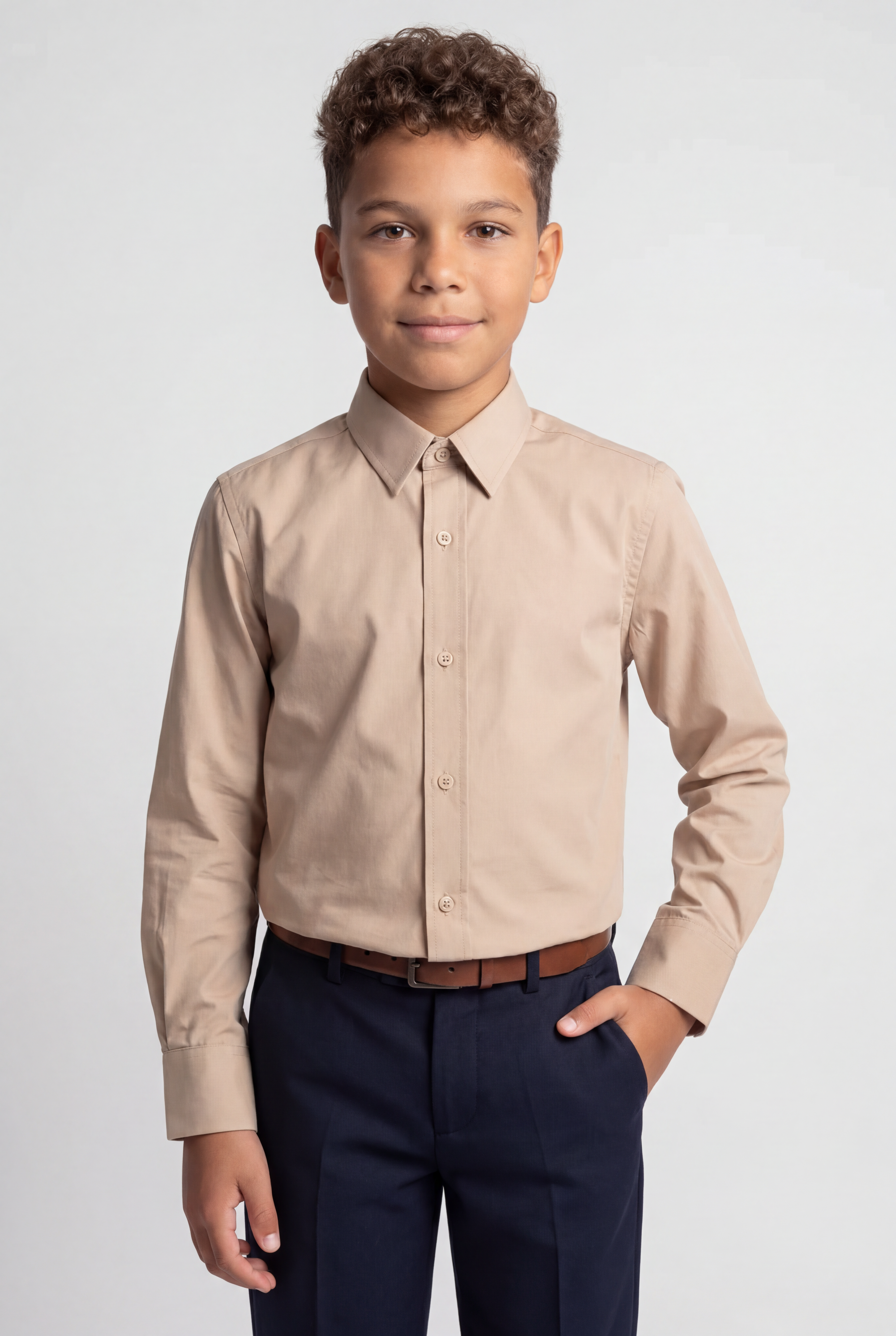 Boys Classic Collar Dress Shirt with Cufflinks - Taupe Beige