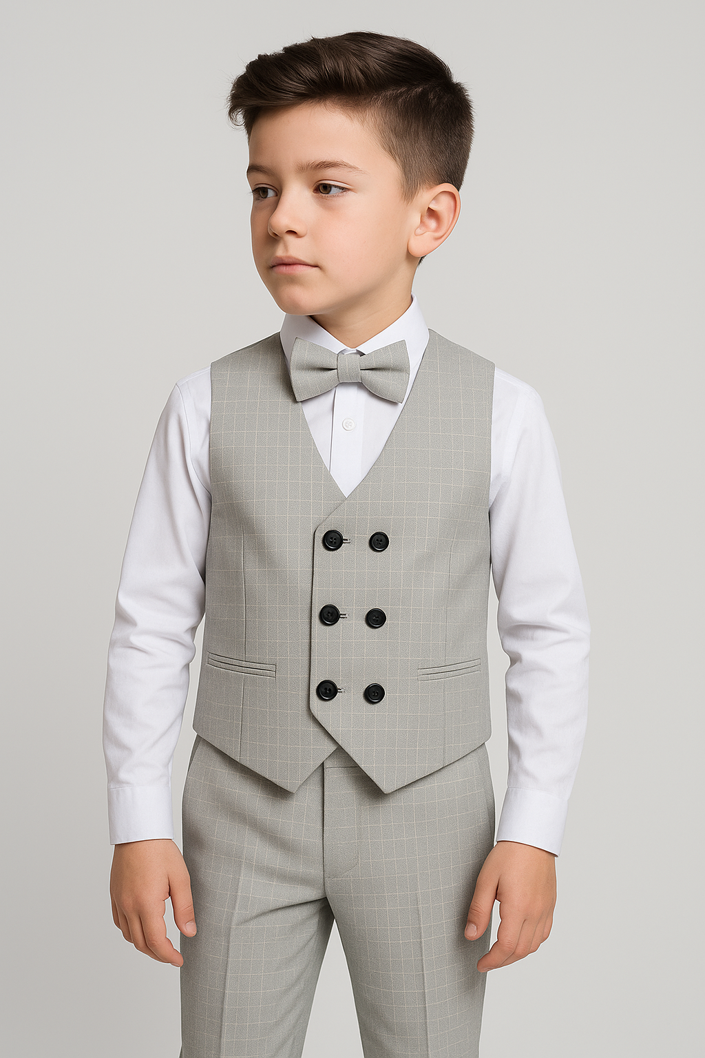 Boys Cotton 4-Piece Check Double Breasted Waistcoat Suit - Ekose- Light Grey