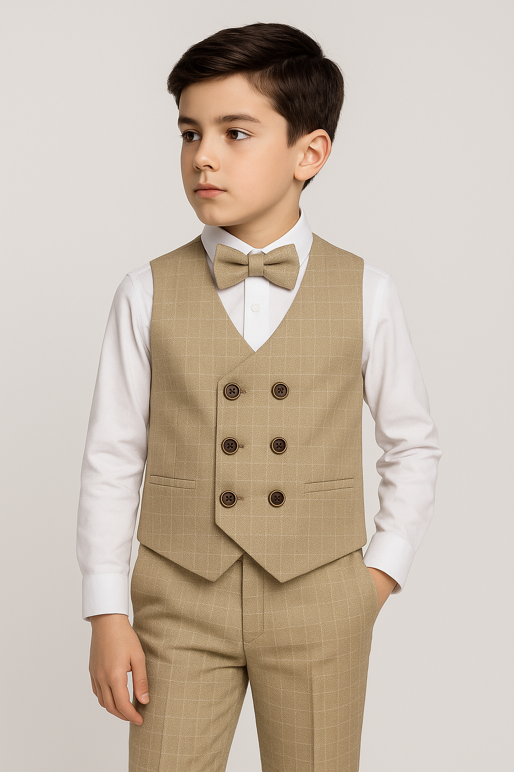 Boys Cotton 4-Piece Check Double Breasted Waistcoat Suit - Ekose - Mustard