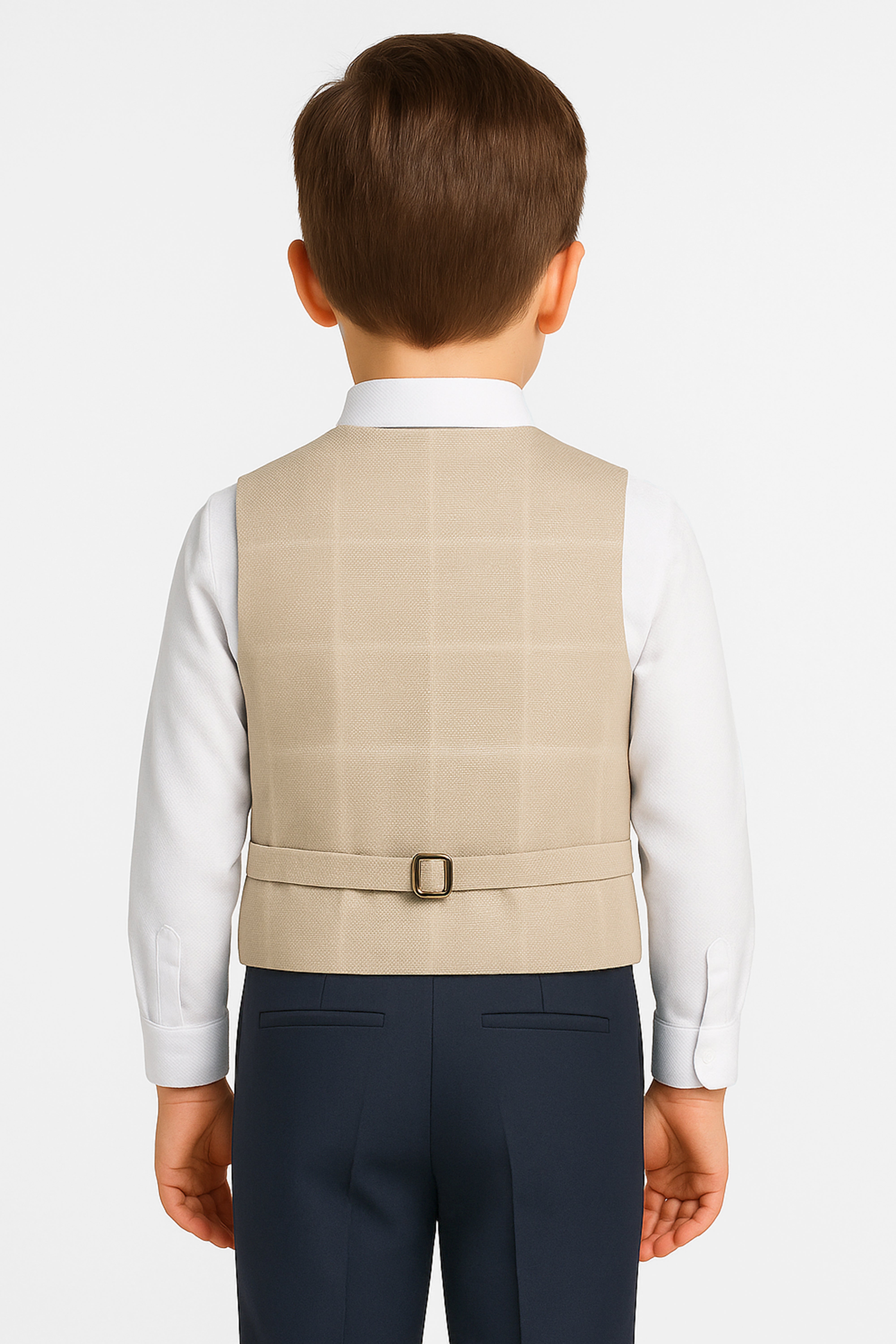 Boys Cotton 4-Piece Check Double Breasted Waistcoat Suit Set - Beige