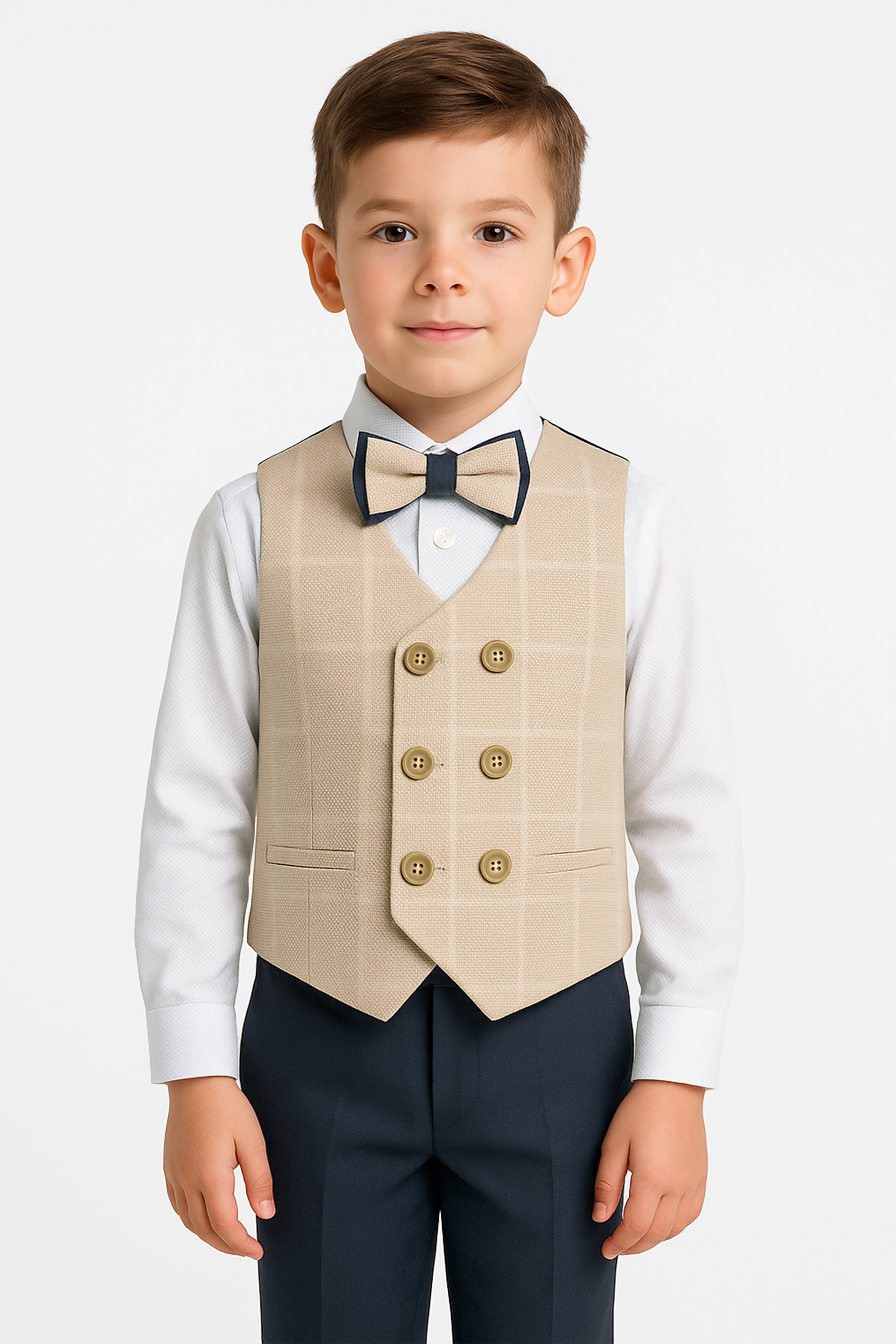 Boys Cotton 4-Piece Check Double Breasted Waistcoat Suit Set - Beige