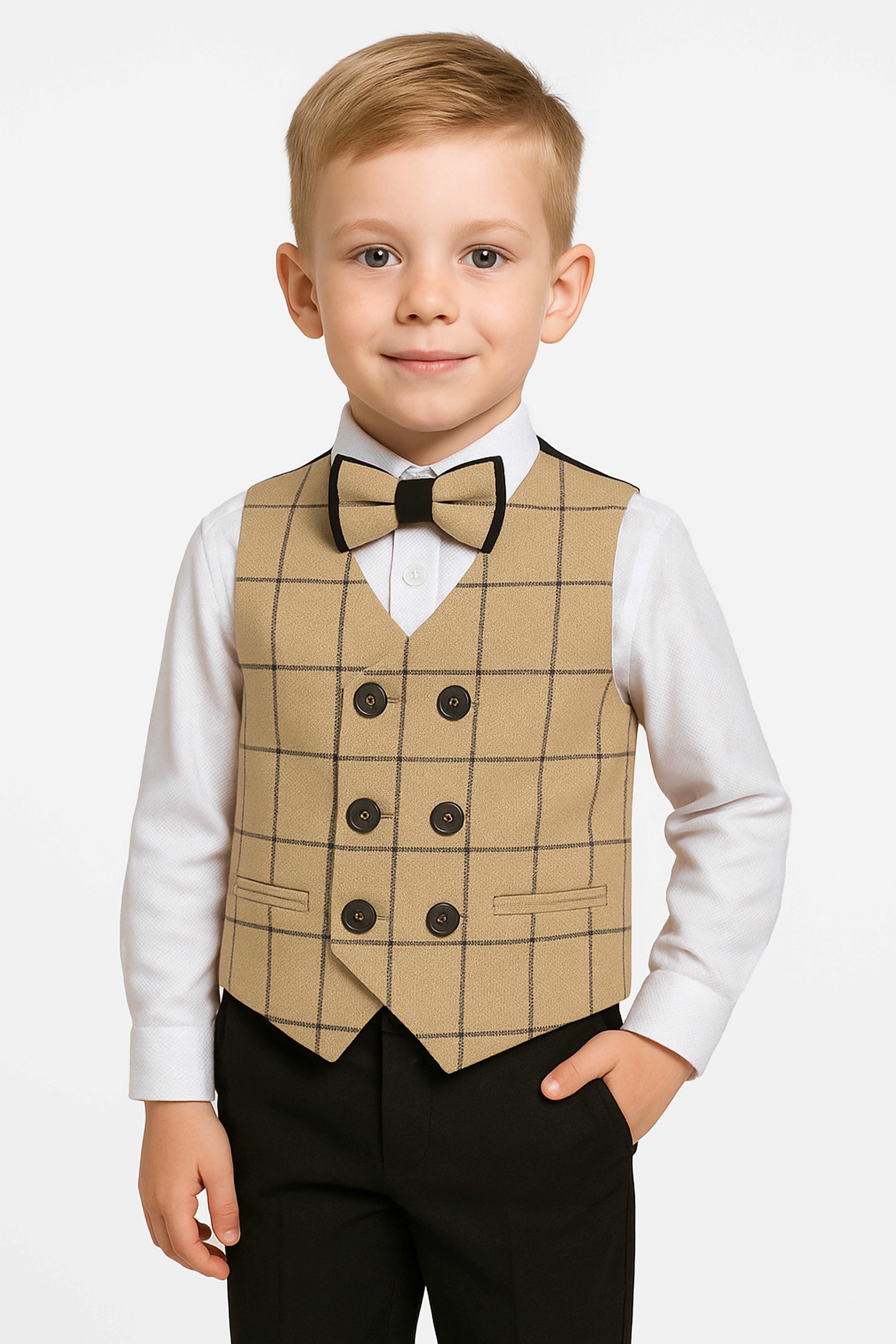 Boys Cotton 4-Piece Check Double Breasted Waistcoat Suit Set - Camel Model Picture