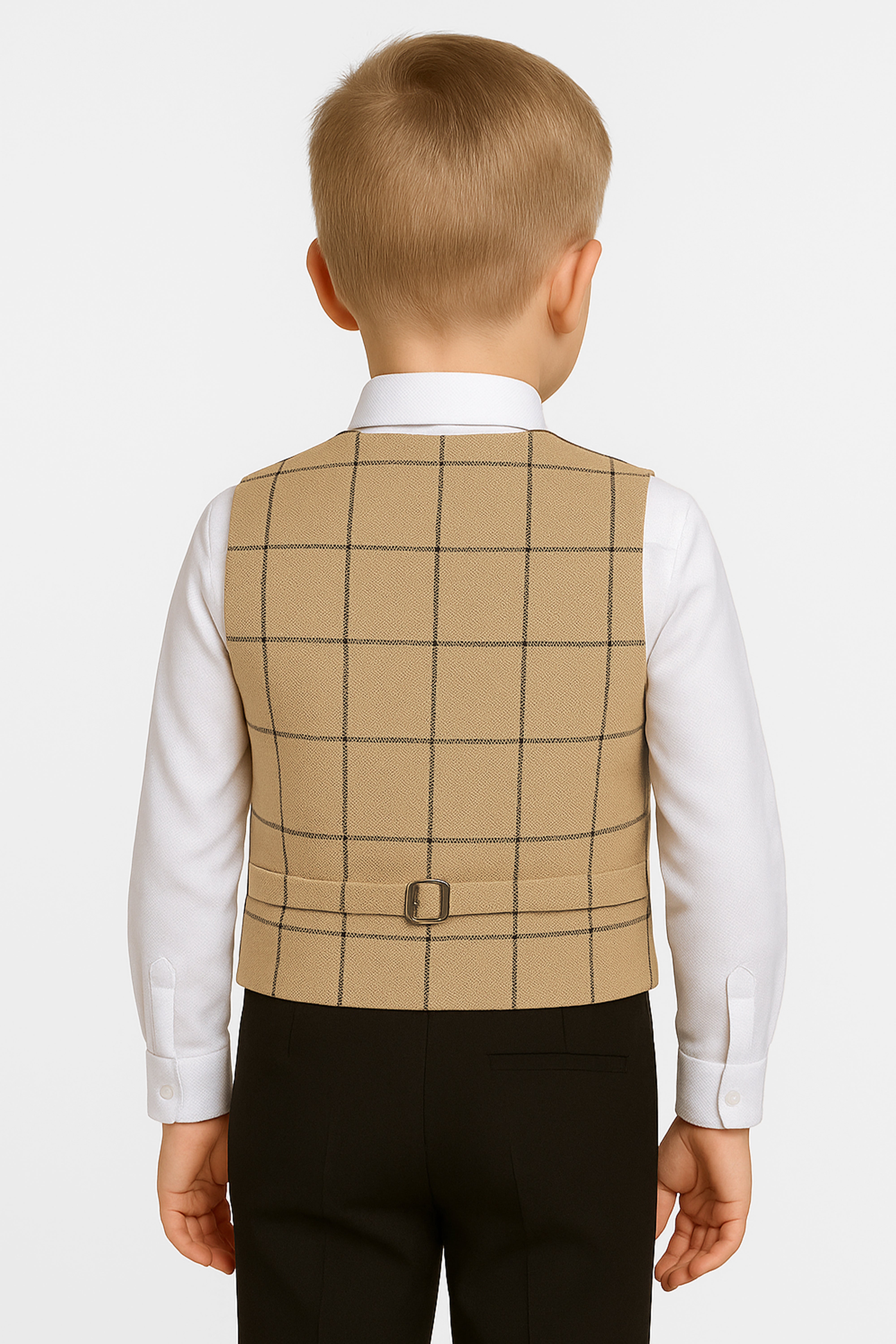 Boys Cotton 4-Piece Check Double Breasted Waistcoat Suit Set - Camel