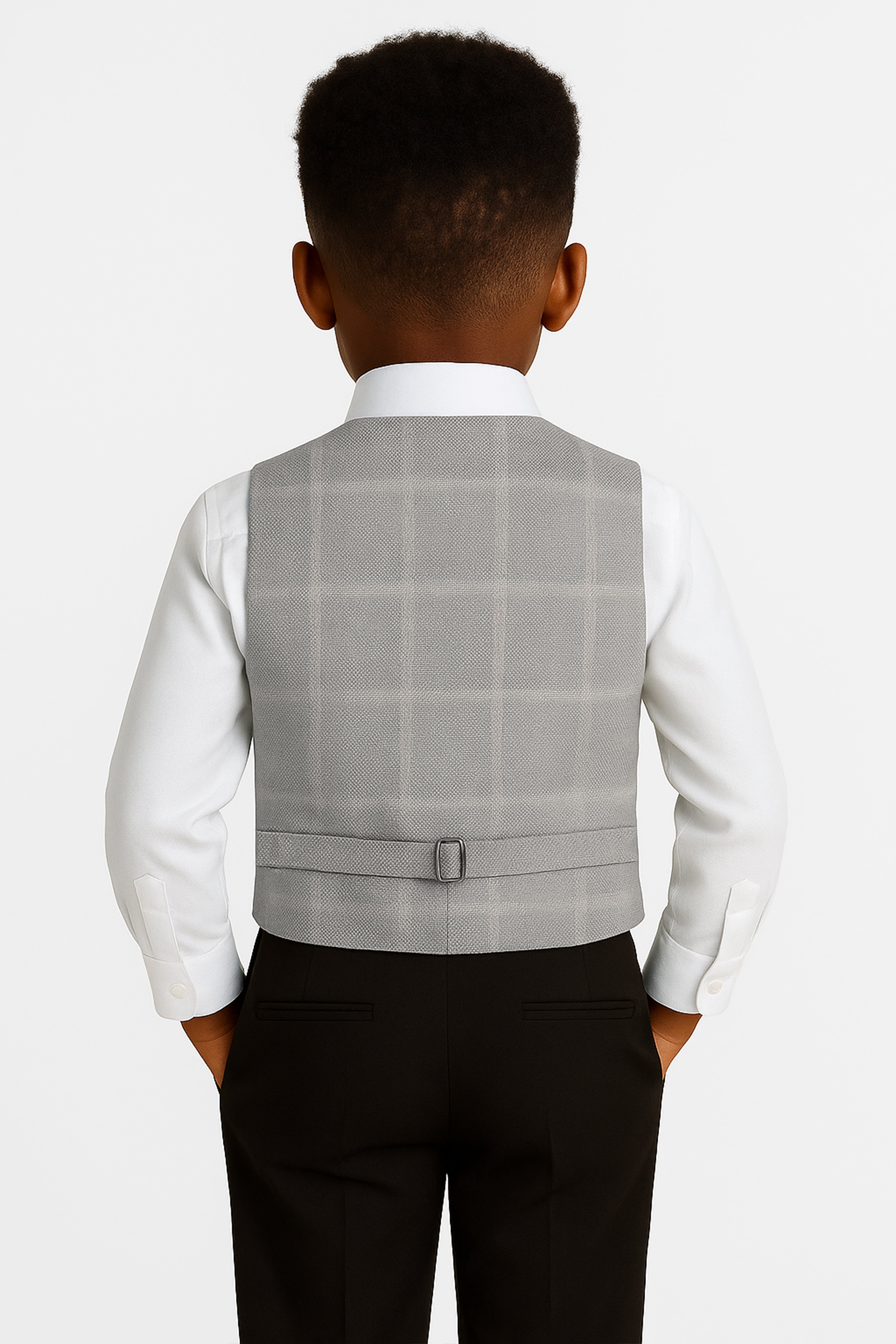 Boys Cotton 4-Piece Check Double Breasted Waistcoat Suit Set - Grey