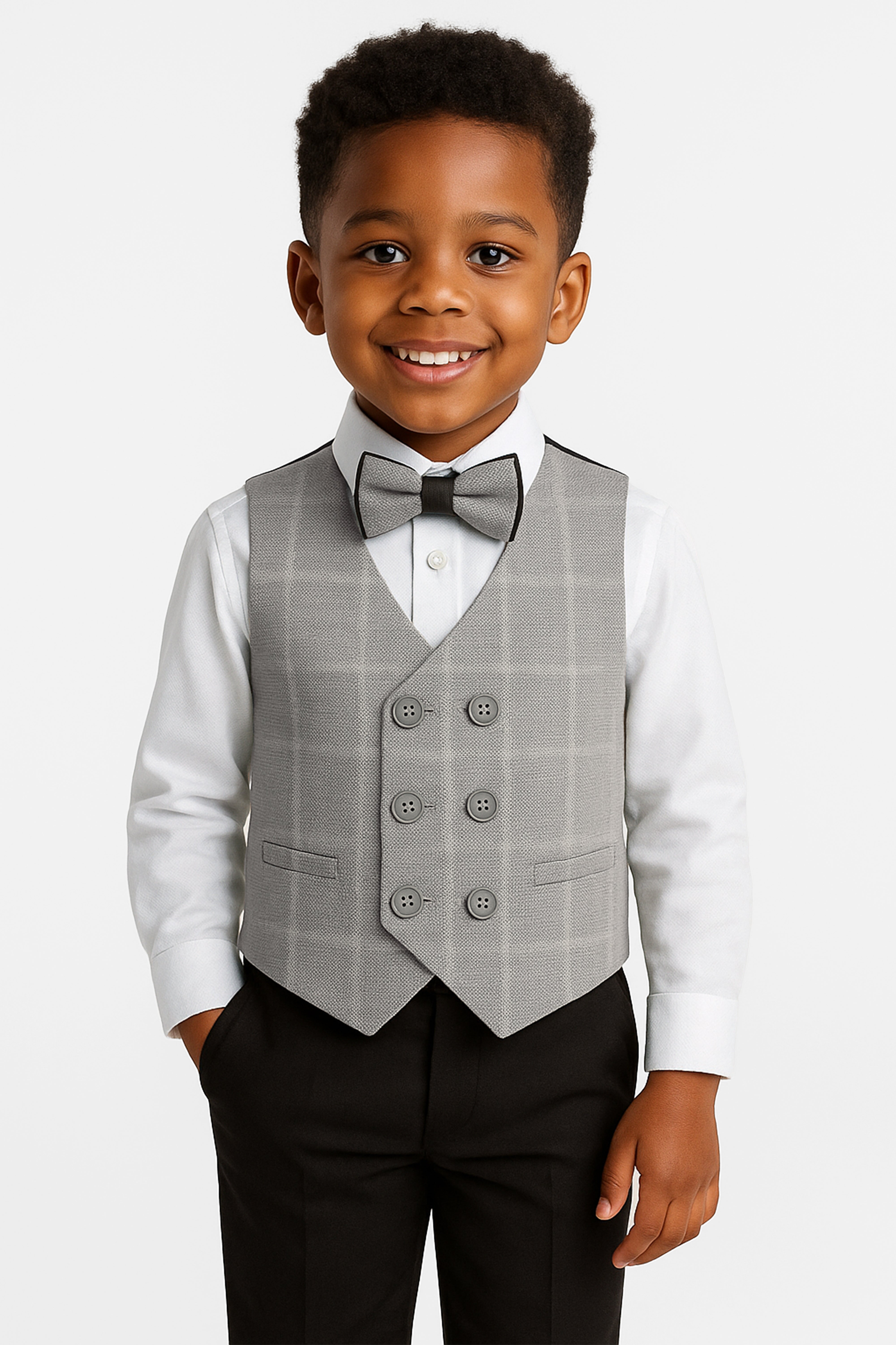 Boys Cotton 4-Piece Check Double Breasted Waistcoat Suit Set - Grey MODEL PICTURE