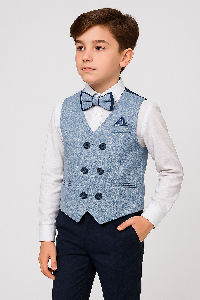 Boys Cotton 4-Piece Double Breasted Waistcoat Suit - ALFONZO - Sky Blue Model Picture