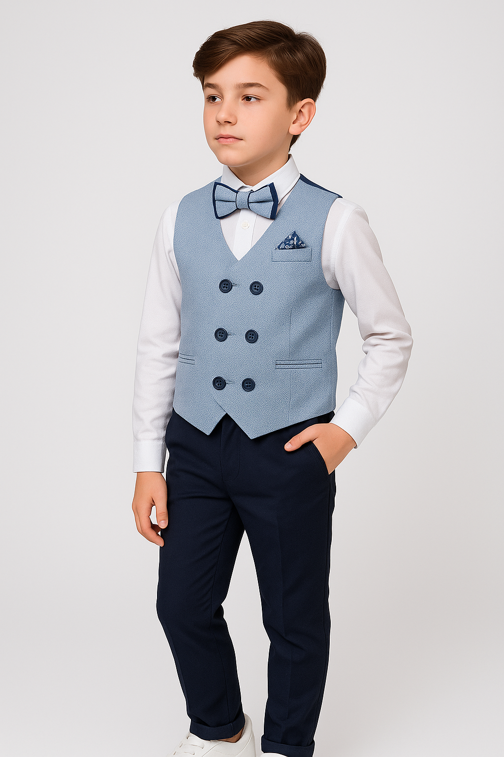 Boys Cotton 4-Piece Double Breasted Waistcoat Suit - ALFONZO - Sky Blue